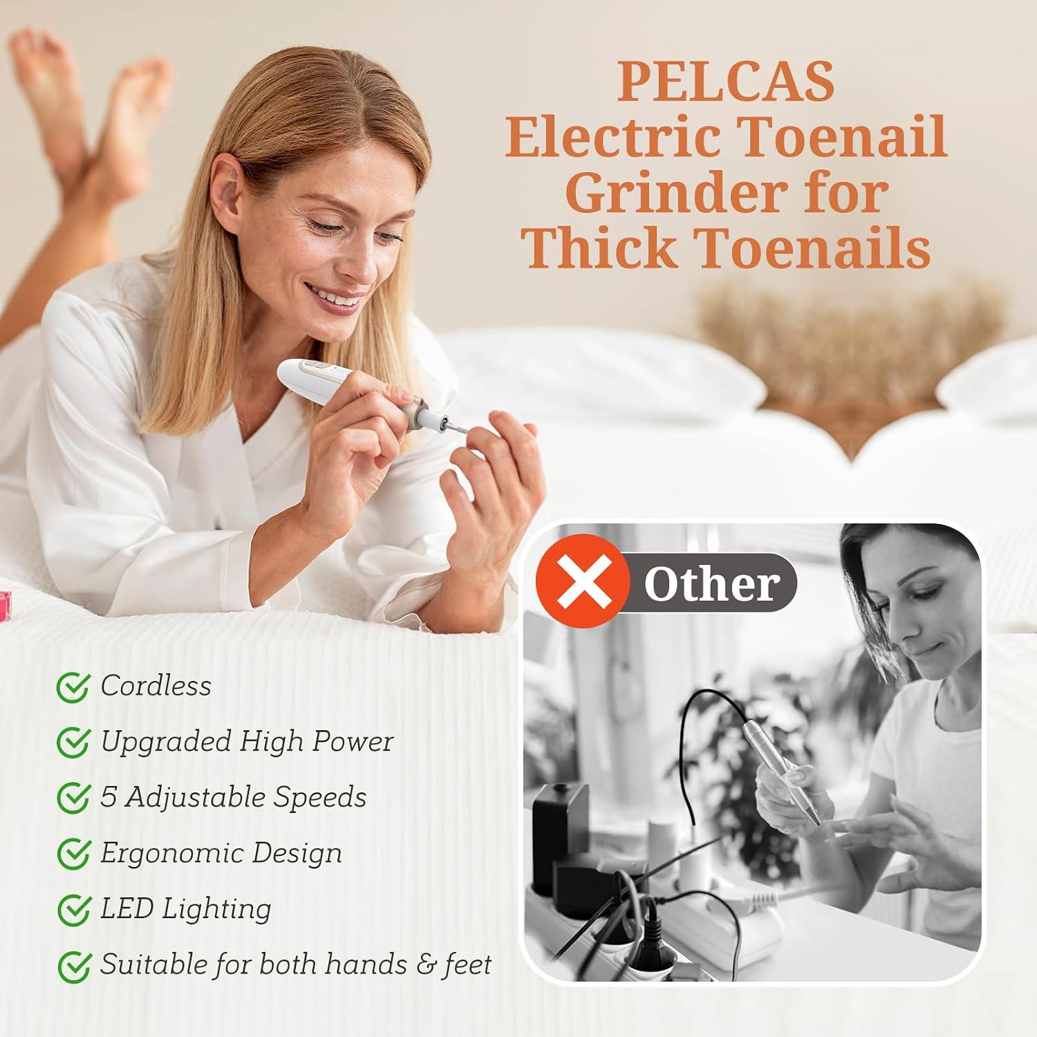 PELCAS Electric Toenail Grinder for Thick Toenails, 5 Speeds & LED Light | Manicure and Pedicure Kit, Cordless Nail Drill, Electric Nail File for Human, Pet, Thick Toenails, Natural & Acrylic Nails - Image 3