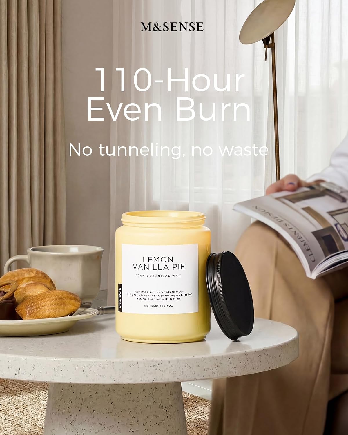 M&SENSE Lemon Vanilla Home Scented Candles, 19.4oz Natural Soy Wax, 110H | Large Long Lasting, Organic Non Toxic, Citrus Scent for Relaxation Odor Eliminating, Housewarming Fragrance for Men Women - Image 6