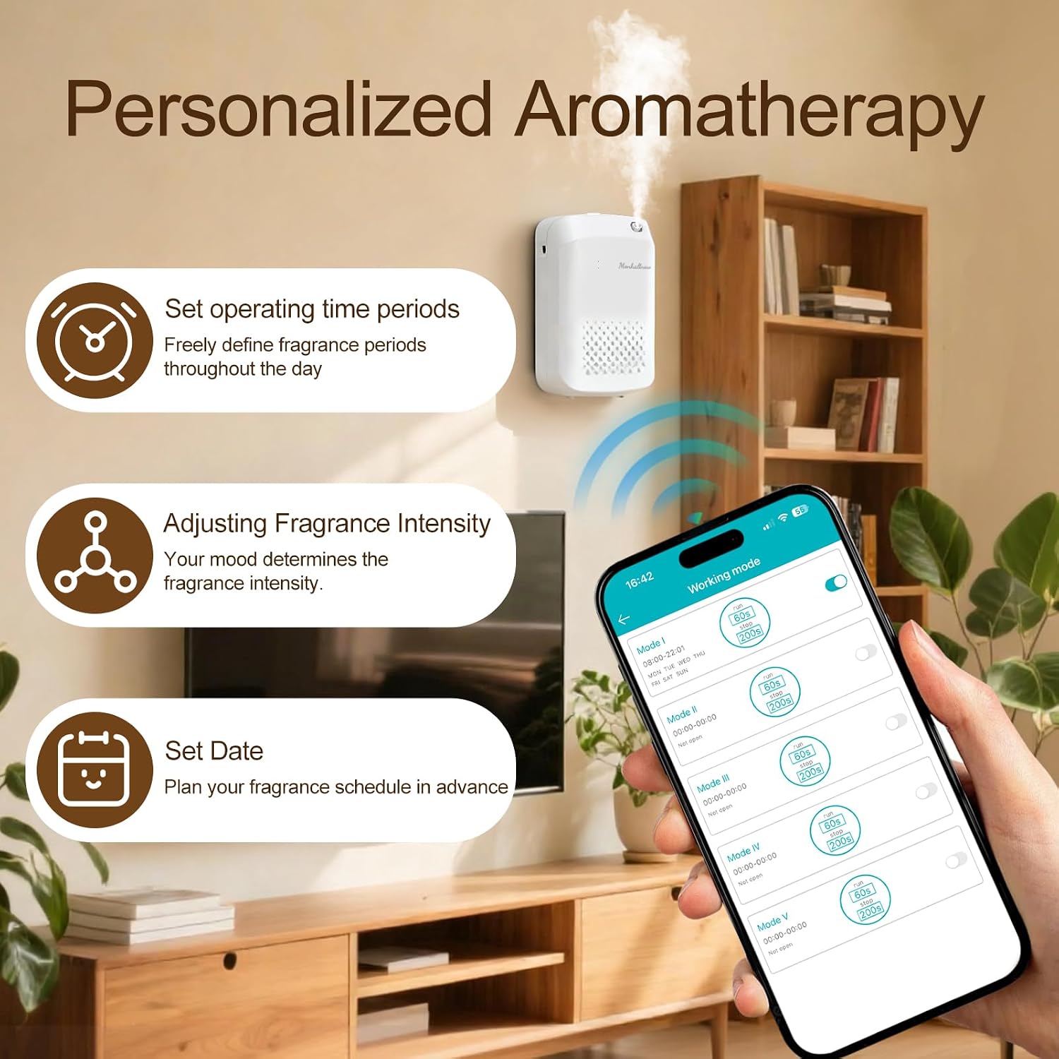 Waterless Essential Oil Diffuser, 2500 Sq.Ft Coverage, Bluetooth App Control, No-Noise Wall-Mounted Aroma Diffuser, 400ml, Perfect for Home, Hotel & Office, Valentines Day Gift, White - Image 3