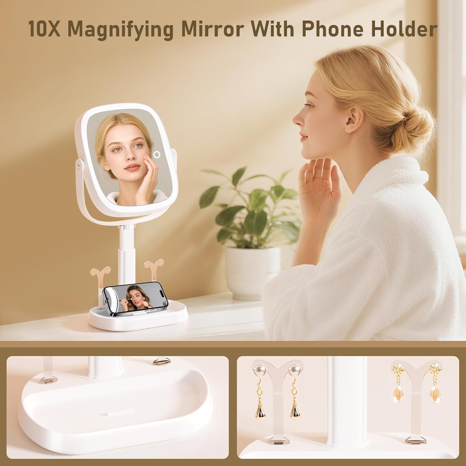 FRANO Vanity Mirror with Lights, Rectangular Lighted Makeup Mirror with 3 Color Lights, 1X/10X Magnification, Adjustable Height, 360° Rotation, 4000mAh Rechargeable for Desk, Gifts for Women - Image 5