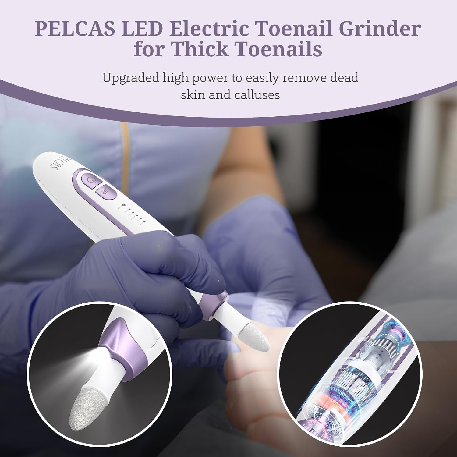 PELCAS Electric Toenail Grinder for Thick Toenails, Cordless Nail Drill | 5 Speeds Manicure and Pedicure Kit with LED Light, Electric Nail File for Human, Pet, Thick Toenails, Natural & Acrylic Nails - Image 5