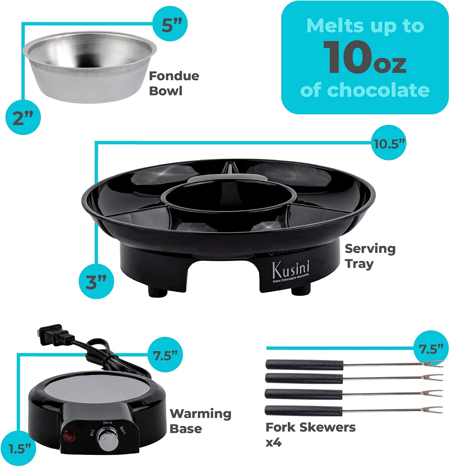 Kusini Electric Fondue Pot Set – Chocolate Fondue Kit - Temperature Control | Detachable Serving Tray, 10oz Melting Pot, 4 Roasting Forks - Gift Set & Date Night Idea. Serve at Movie Night or Game Night. - Image 3