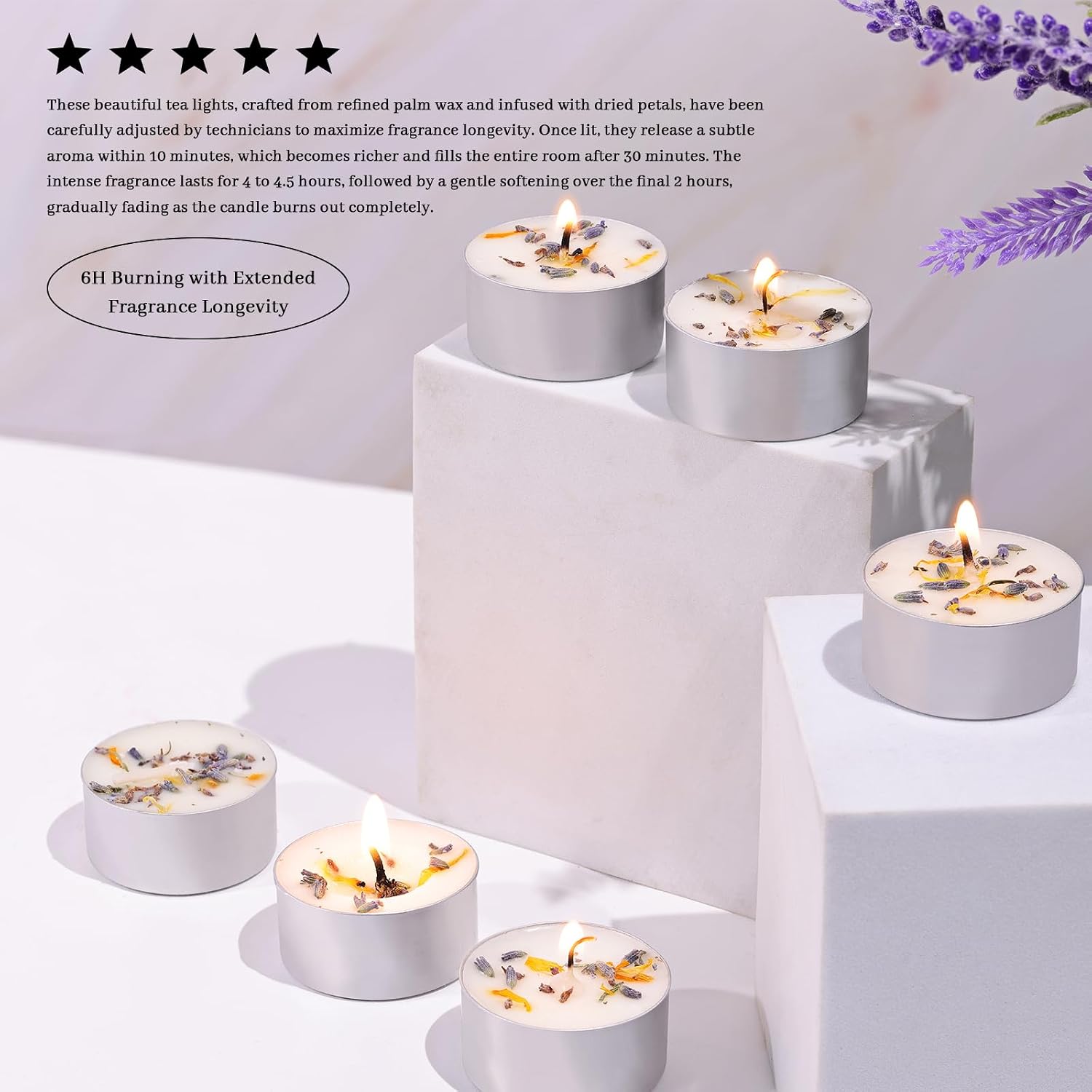 48 Pcs Lavender Scented Tealight Candles, 6H Long Burning - 100% Palm Wax Based Scented Tea Lights with Dried Flowers, Non-Toxic/Smokeless Scent Tea Lights Candles Bulk for Spa, Bath, Wedding - Image 4