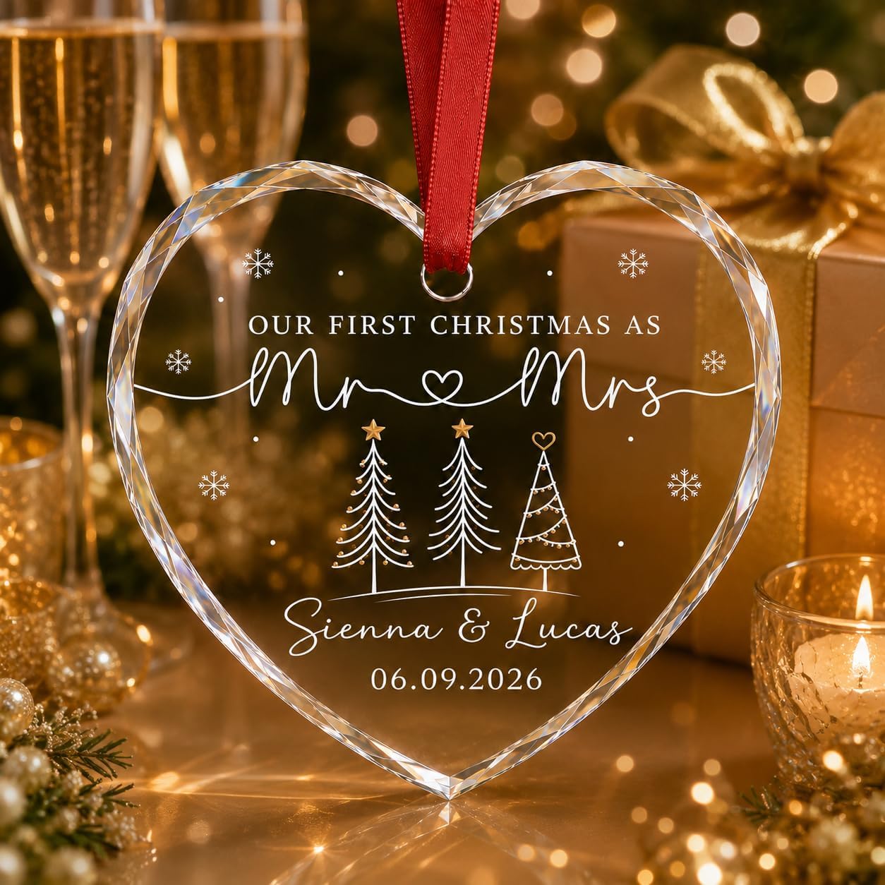 Mr Mrs Ornament - Christmas Wedding Gift for Newlywed Couple - Merry & Married Glass Ornament - Our 1st Christmas Mr Mrs Gifts for Bride, Groom, Husband, Wife - Image 6