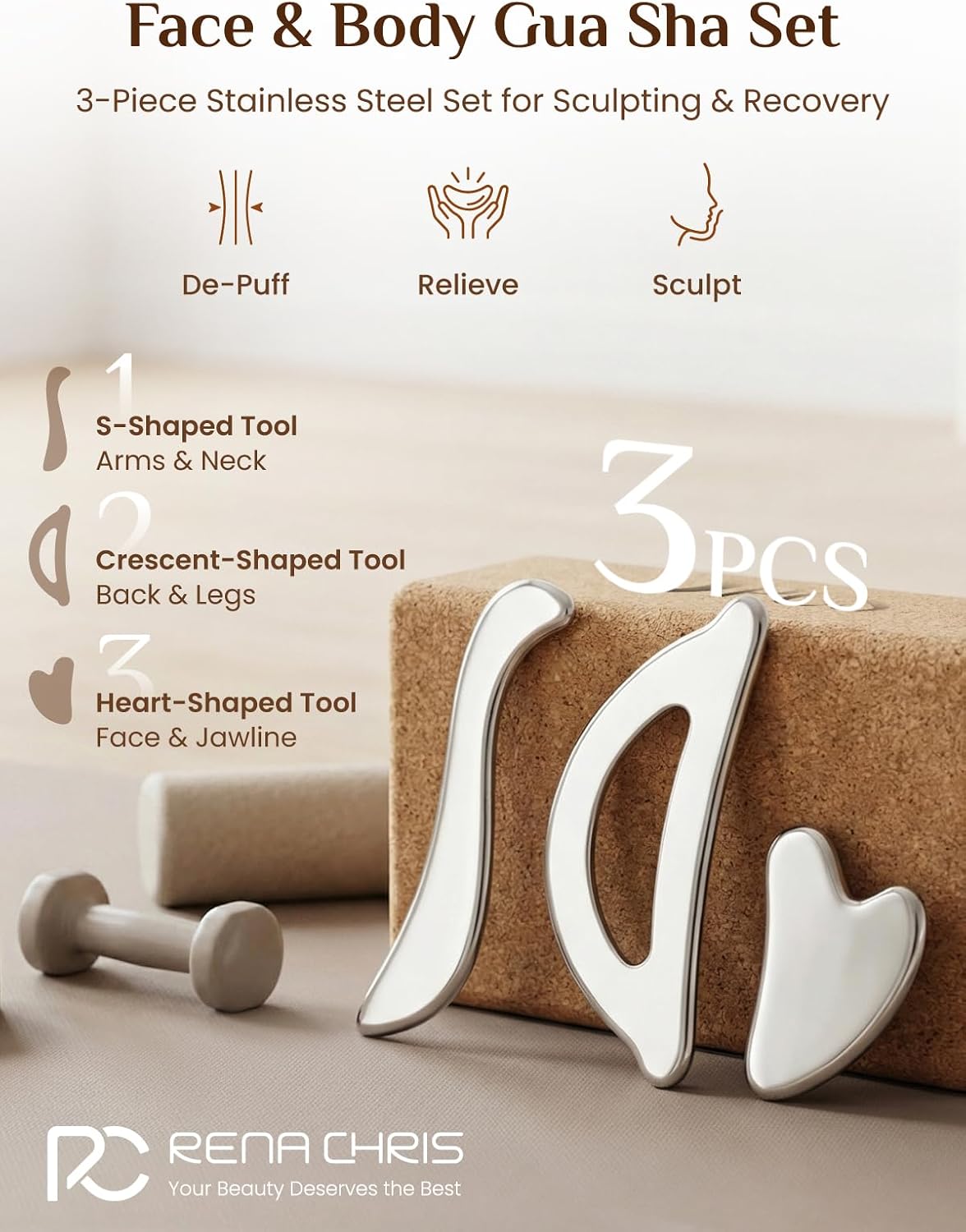 Rena Chris Gua Sha & Muscle Scraper Tool, Stainless Steel Body & Face Gua Sha Set for Deep Tissue Massage & Lymphatic Drainage, Guide & Travel Pouch Included (3-Piece Kit) - Image 2