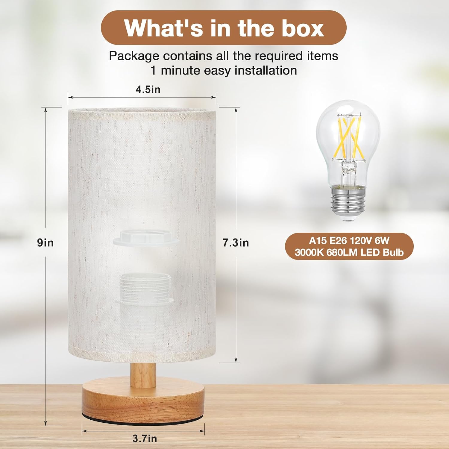 9" Small Table Lamp for Bedroom - Inline Control with 3000K Blub | Cream Shade and Wood Base | 680 Lumens | Easy Assembly | Minimalist Design | E26 | for Kitchen | for Kids Room - Image 3