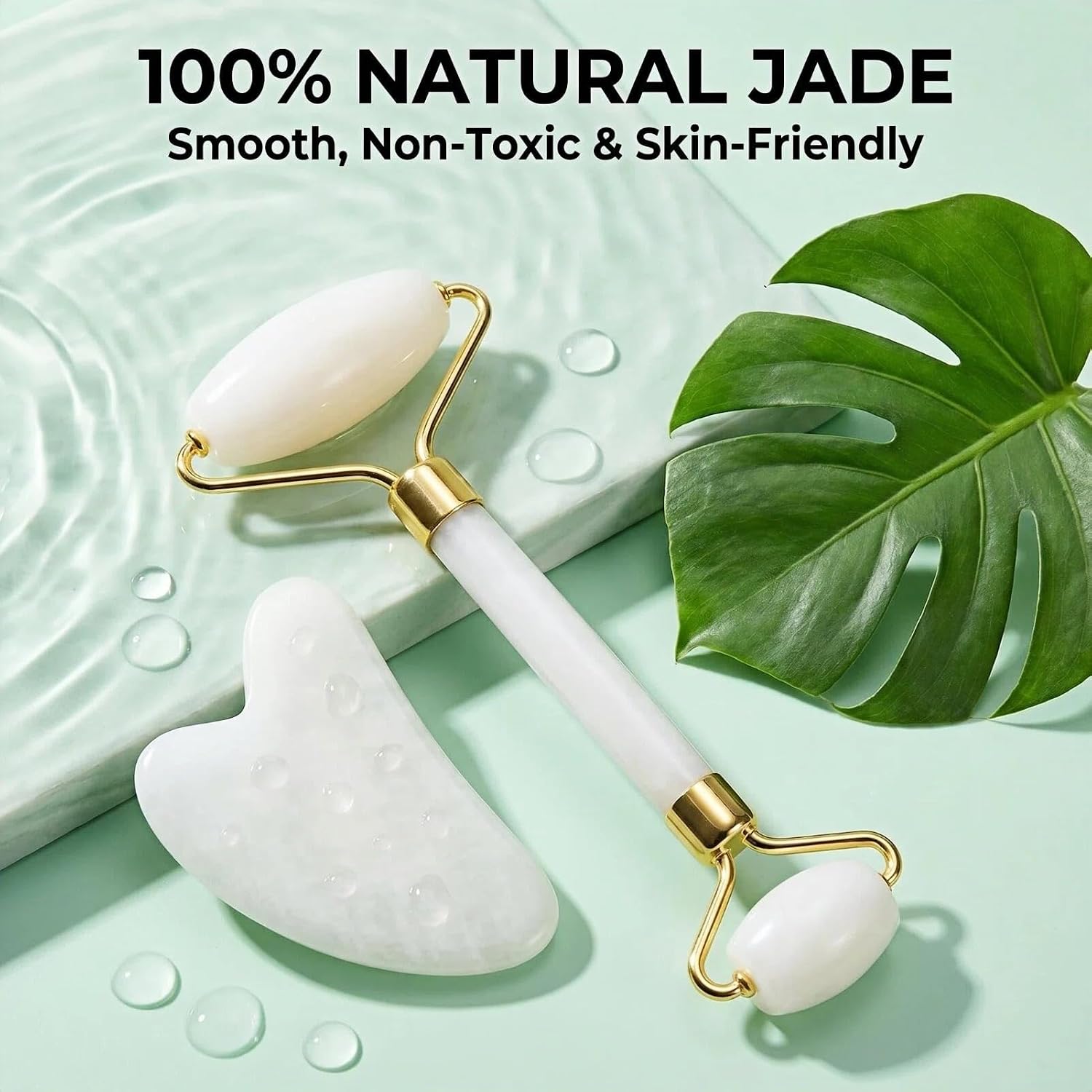 Natural Gua Sha & Jade Roller Set, Gua Sha Tool for Face & Body, Anti-Swelling Skin Tightening Home SPA Tool, Muscle Relief Safe Polished Jade, Self-Care Gift Set for Home Travel - Image 2