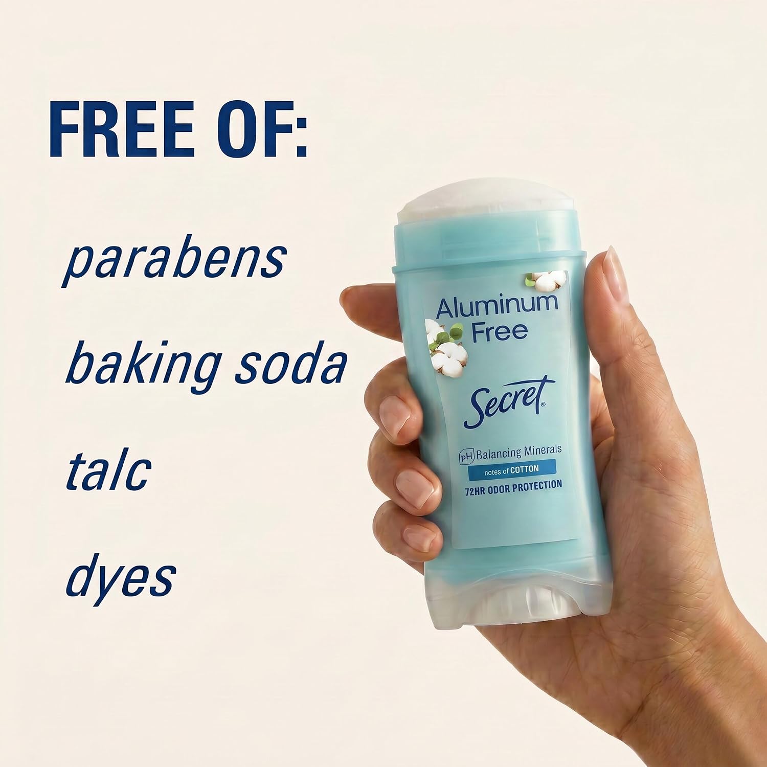 Secret Aluminum Free Deodorant for Women, 48hr Odor Protection, Free of Parabens Dyes Talc & Baking Soda, PH Balancing Minerals, Dry Solid, Cotton Scent, 2.4 oz - Image 4