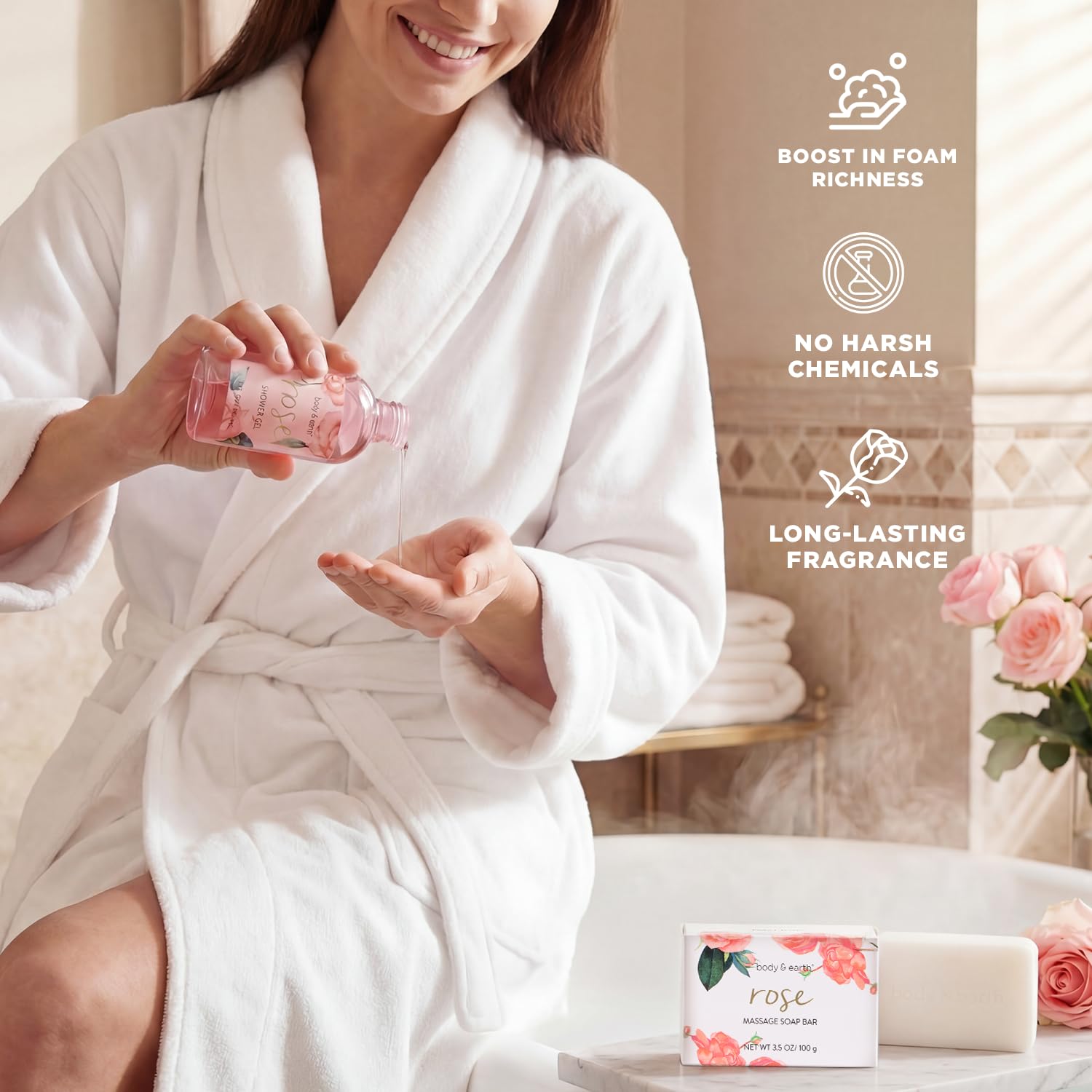 BODY & EARTH Spa Gift Set for Women - Luxurious 5 Pcs Bath and Body Box, Rose Scent, Includes Body Wash, Body Butter, Body Lotion and More, Birthday Christmas Gifts for Mom Self Care Kit for Her - Image 3
