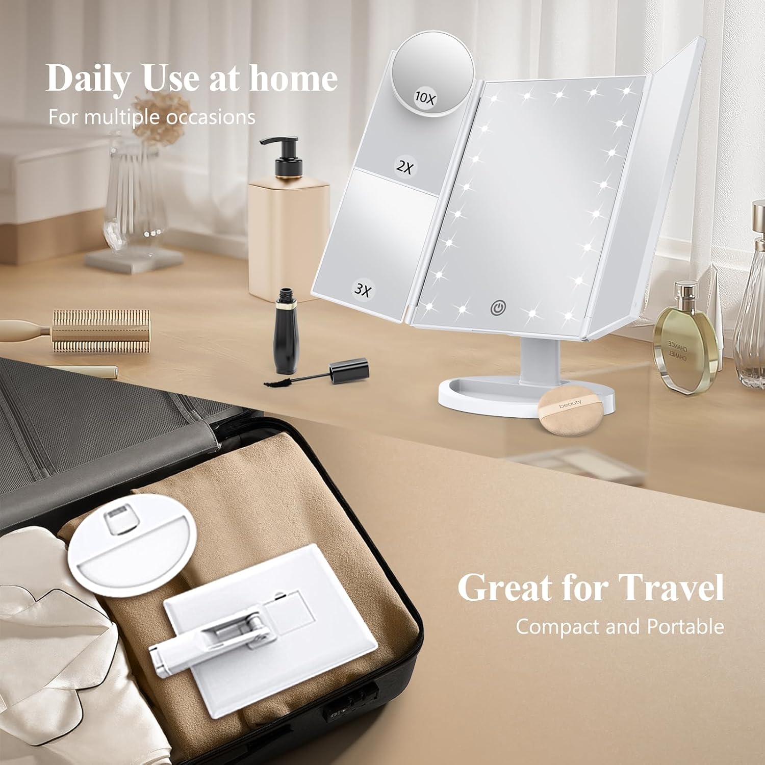 HUONUL 2X/3X/10X Magnifying Vanity Mirror with Light, Trifold Makeup Mirror | Touch Dimming, Dual Power, Clear View for Makeup, Skincare. Dorm Room Essentials. Birthday Gifts for Women, Mom, Wife, Girls - Image 4