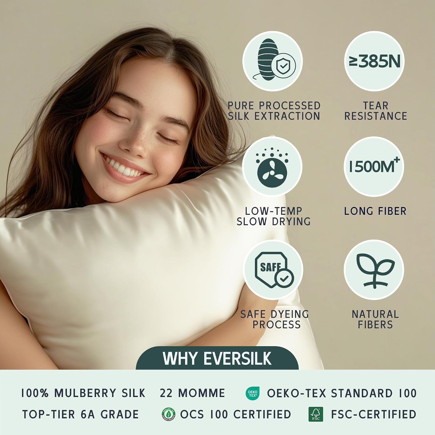 Mulberry Silk Pillowcase for Hair and Skin: 22 Momme 100% Pure Natural Silk Pillow Case with Hidden Zipper - 6A Grade Hypoallergenic Cool Pillow Cover for Sleep - 1 Pack White King Size with Gift Box - Image 7