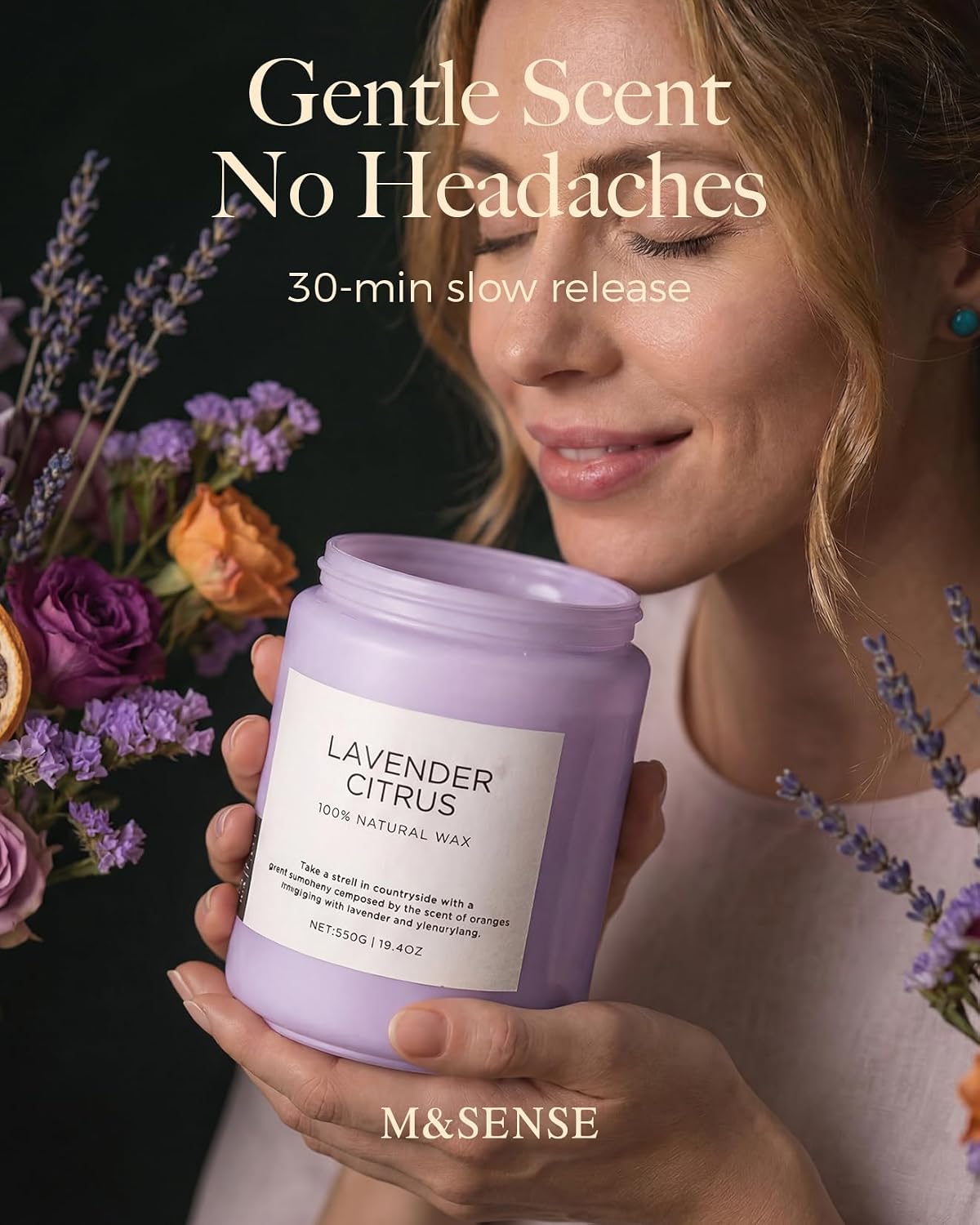 M&SENSE Lavender Citrus Candles for Home Scented, 19.4oz Organic Soy Wax | 110 Hours Long Lasting, Natural Clean Non Toxic, Stress Relief Aromatherapy Gifts for Friends Teacher & Spa Bath - Image 3