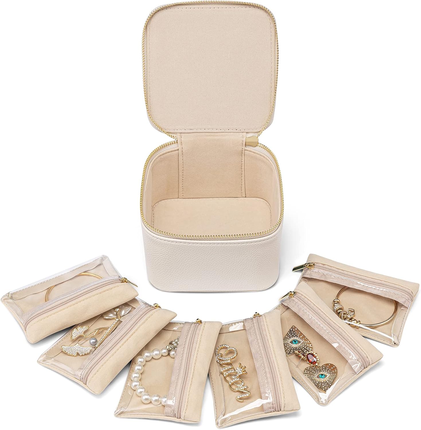 VLANDO Jewelry Organizers and Storage with Clear 6 Velvet Bags,White | Premium Petal Hardware,Fits Handbags Well,Rings and Chains, Women,Holidays,Bridesmaid Gifting
