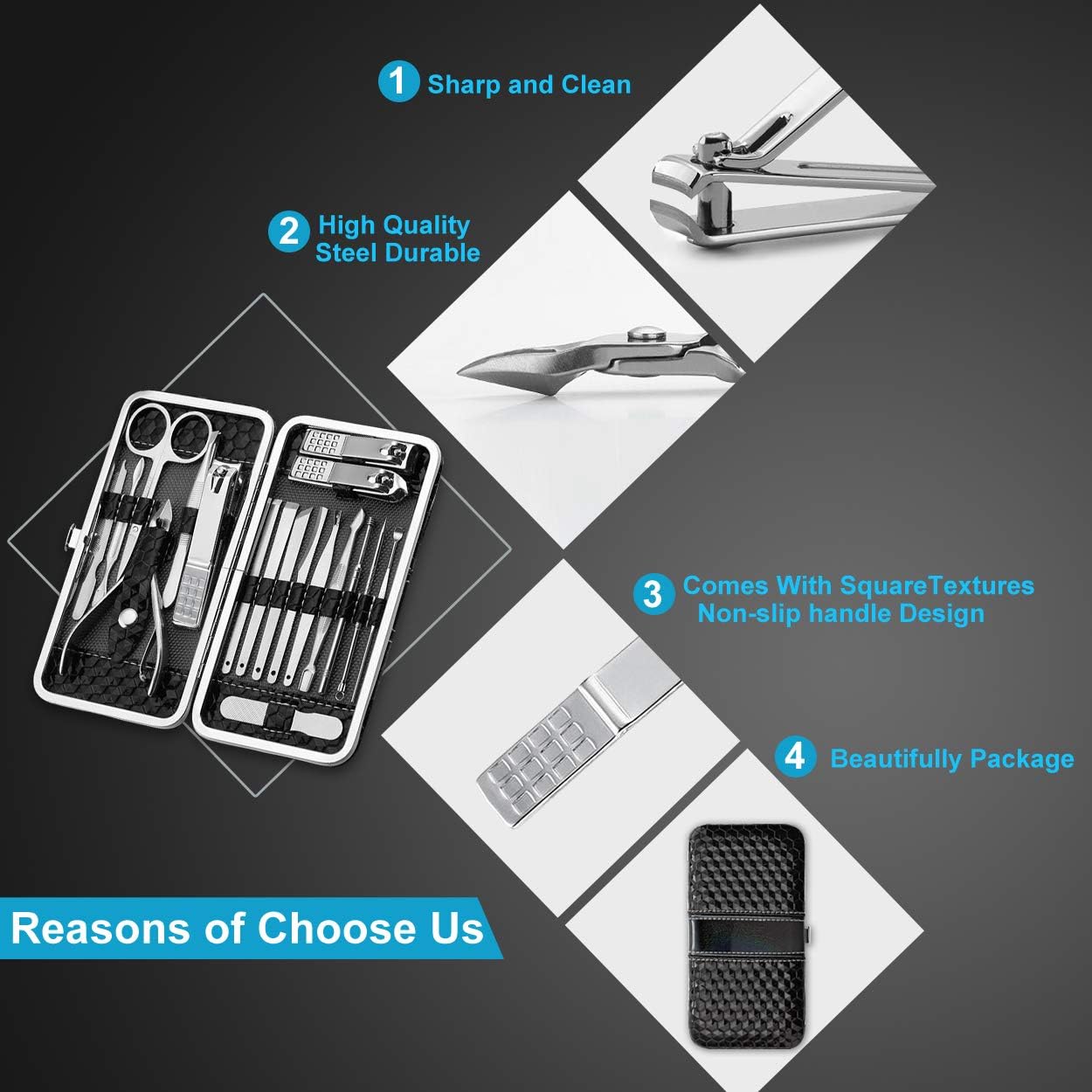 Yougai Manicure Set 18Pcs Stainless Steel Nail Clippers Set with Case Black | Professional Manicure Kit, Fingernail Toenail Cutters for Men & Women, Pedicure Kit Foot Care, Gift for Family & Friends - Image 8