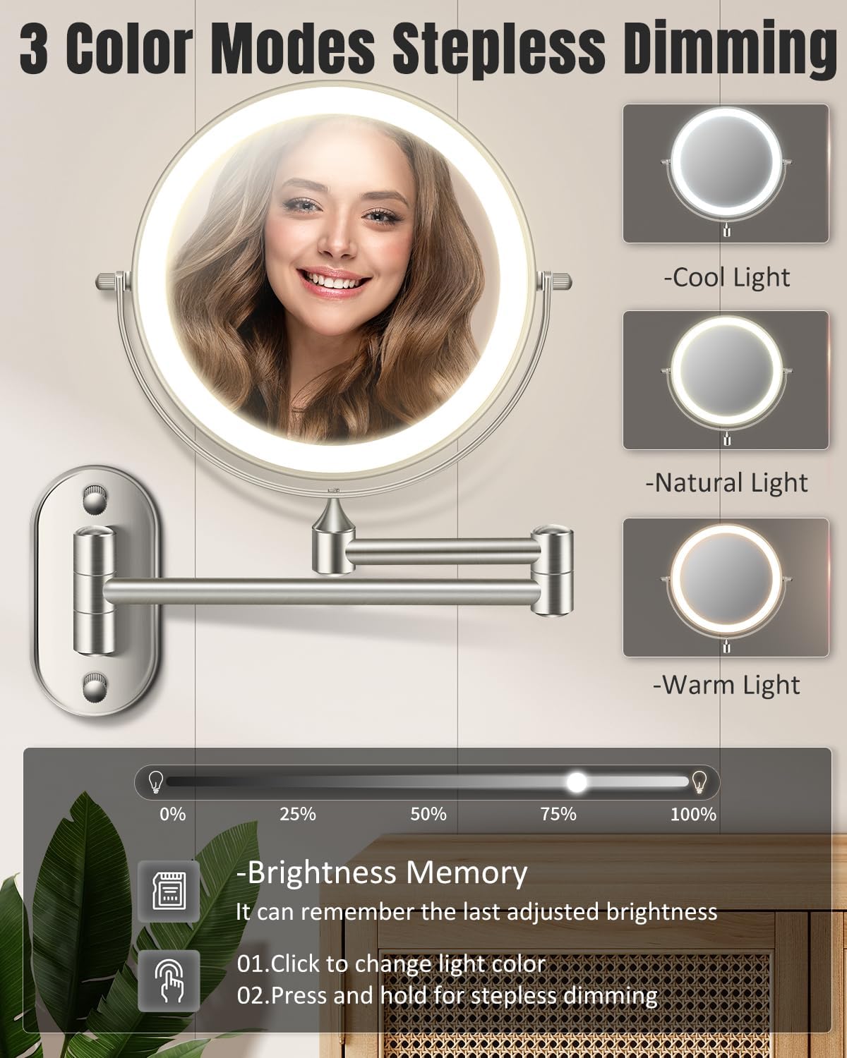 VFD 8'' 30X/1X Wall Mounted Lighted Magnifying Makeup Mirror with Lights | Double Sided Rechargeable Bathroom Mirror, 3 Color Lights Touch Dimmable Extended Arm 360 Rotation Light up Mirrors - Image 3