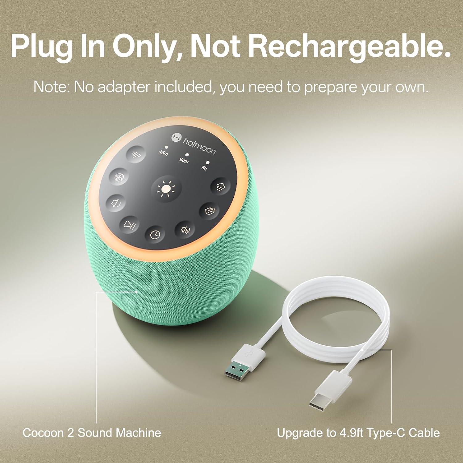 Hotmoon Sound Machine for Sleep, Cocoon 2, 40 Sounds, Dual-Speaker, Plug in | White Green Pink Brown Noise Machine for Sleeping Adults Office Privacy Baby Dogs, 4 Timers, 8 Night Light, Rain Noise Maker - Image 7
