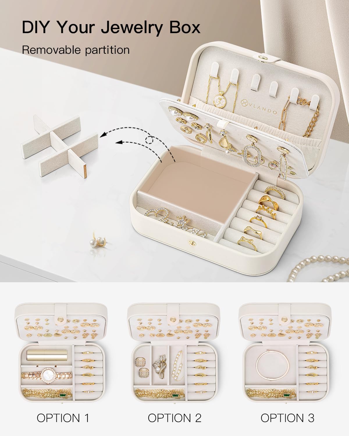 VLANDO Travel Jewelry Case for Women Girls, Gifts for Mother, PU Leather Small Jewelry Box for Rings, Necklaces, Bracelets, Earring Holder Organizer Storage for Travel Essentials - Beige - Image 3