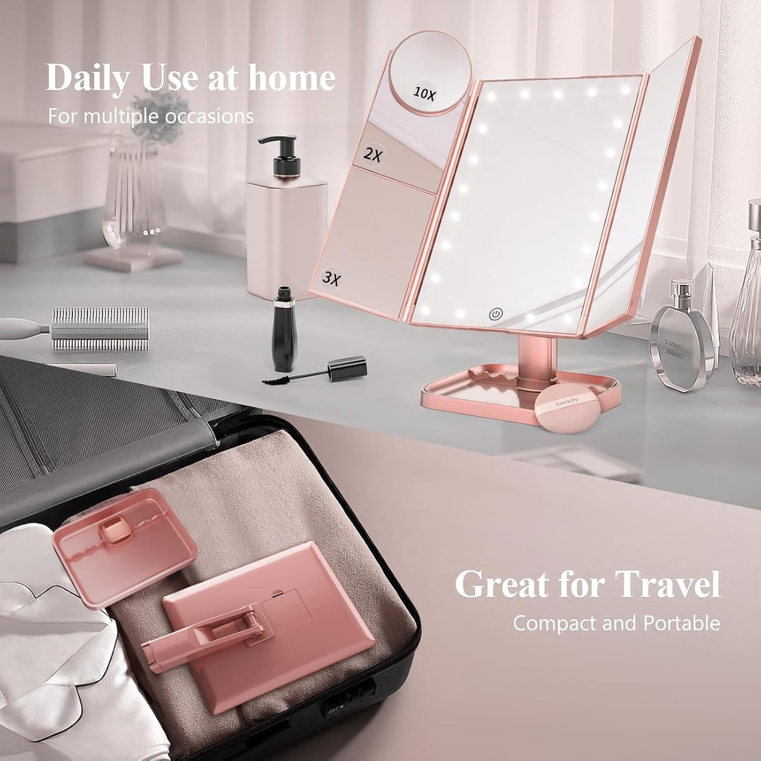 HUONUL 2X/3X/10X Magnifying Vanity Mirror with Light, Trifold Makeup Mirror | Touch Dimming, Dual Power, Clear View for Makeup, Skincare. Dorm Room Essentials. Birthday Gifts for Women, Mom, Wife, Girls - Image 5