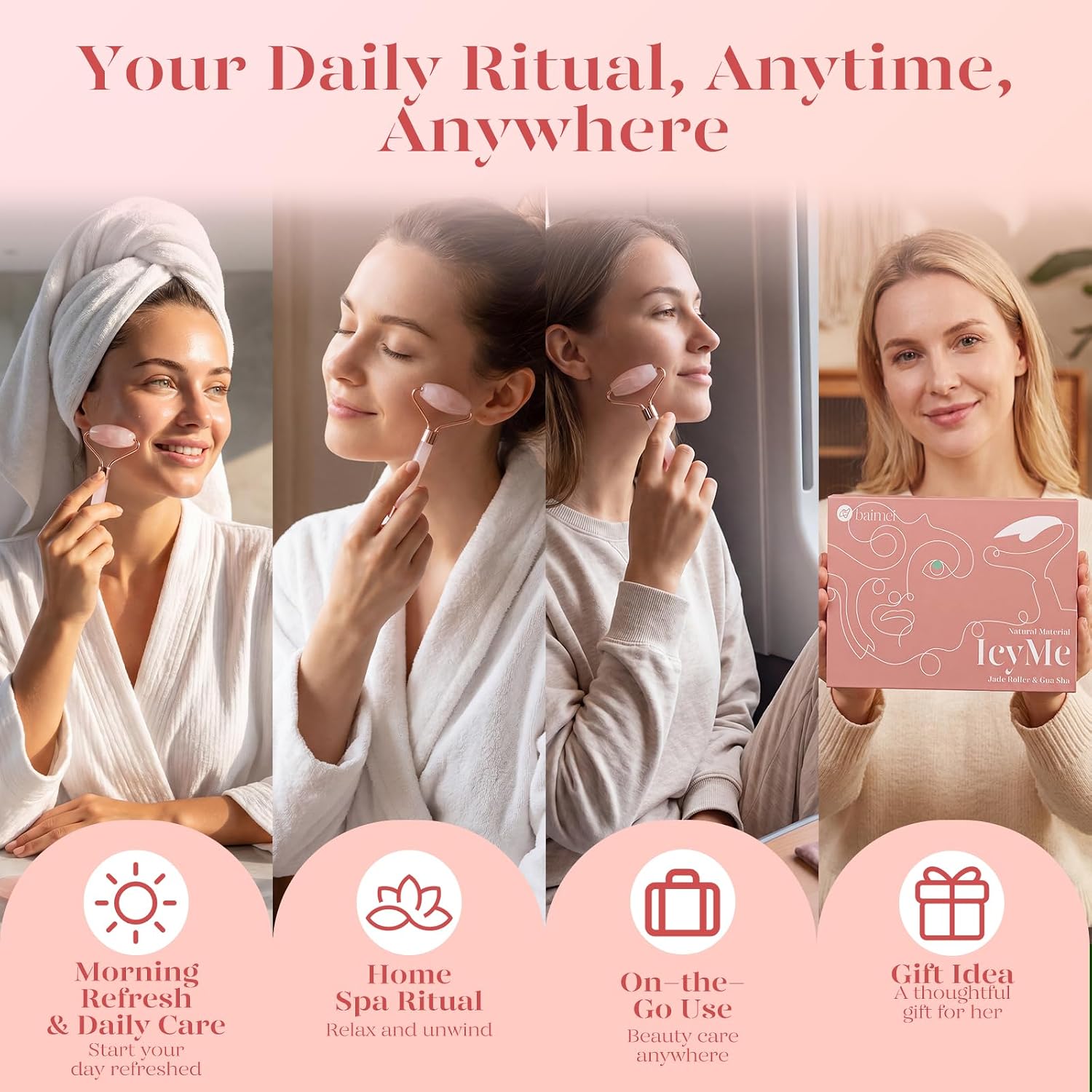 BAIMEI IcyMe Rose Quartz Roller & Gua Sha Facial Tool Set for Depuffing | Cooling Face Roller for Lymphatic Massage,Sculpting Tool for Face, Eyes & Neck, Skin Care Gifts for Women,Spa & Travel Use - Image 5