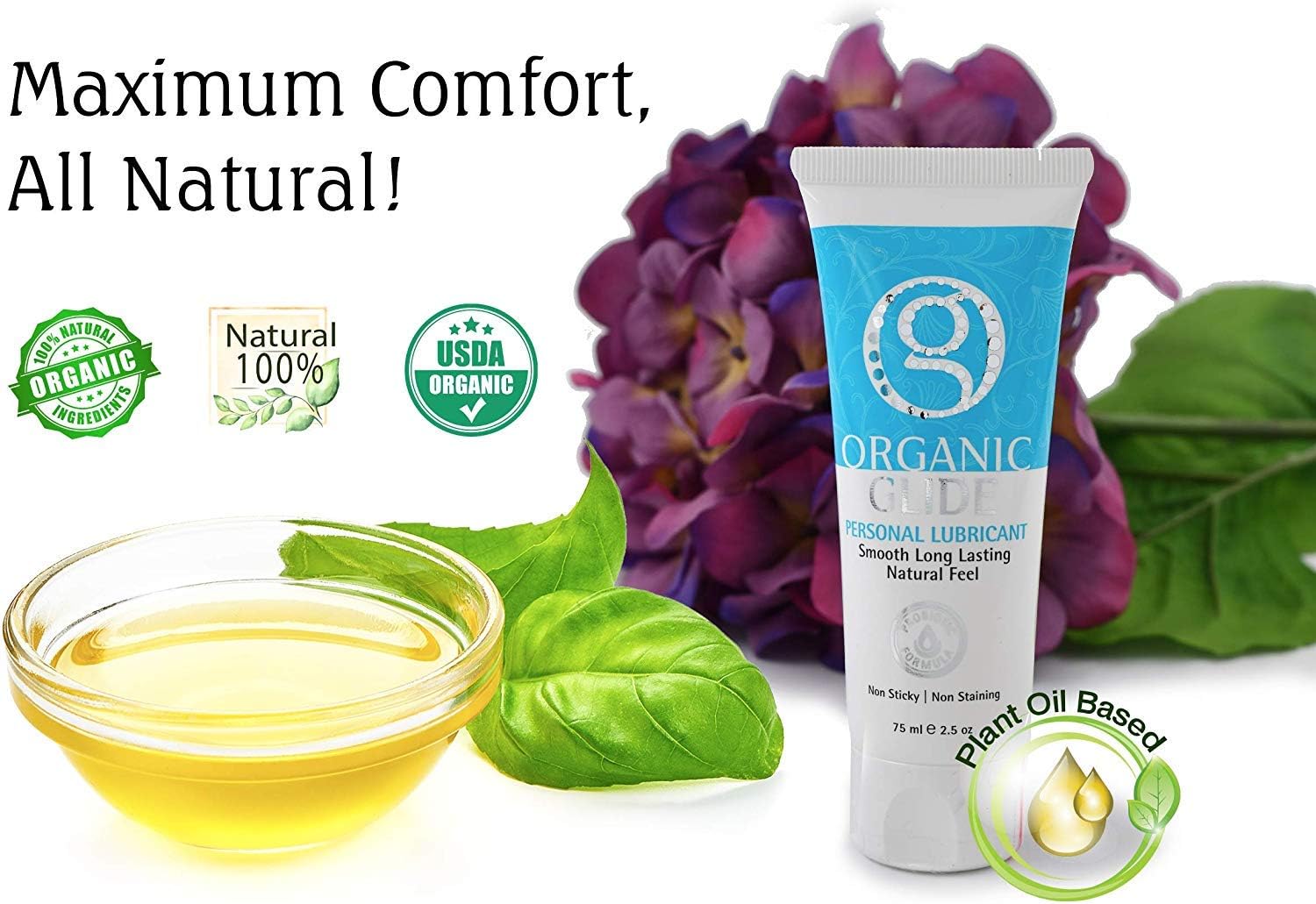 Organic Glide Natural Personal Lubricant, Probiotic Edible Lube. Parabens, Glycerin, Flavorings Free - for Men Women and Couples. Best for Menopause and Sensitive Skin