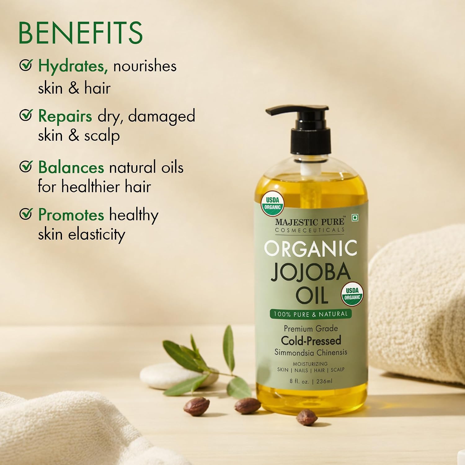 Majestic Pure USDA Organic Jojoba Oil 100% Pure & Natural Body Oil -8 Fl Oz | Cold Pressed & Hexane Free Hair Growth Oil for Eyelashes, Eyebrows, Skin, Body, Face, Nails & Scalp - Image 2