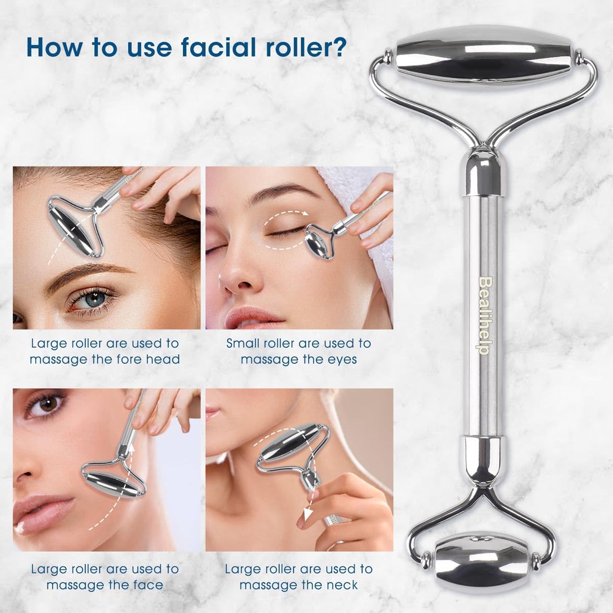 Bealihelp Face Roller and Gua Sha, Stainless Steel Facial Roller and Guasha Tool for Face, Skin Care Roller for Wrinkles and Lifting, Improve Puffiness, Metal Face Massager for Eyes, Neck Tighten - Image 4