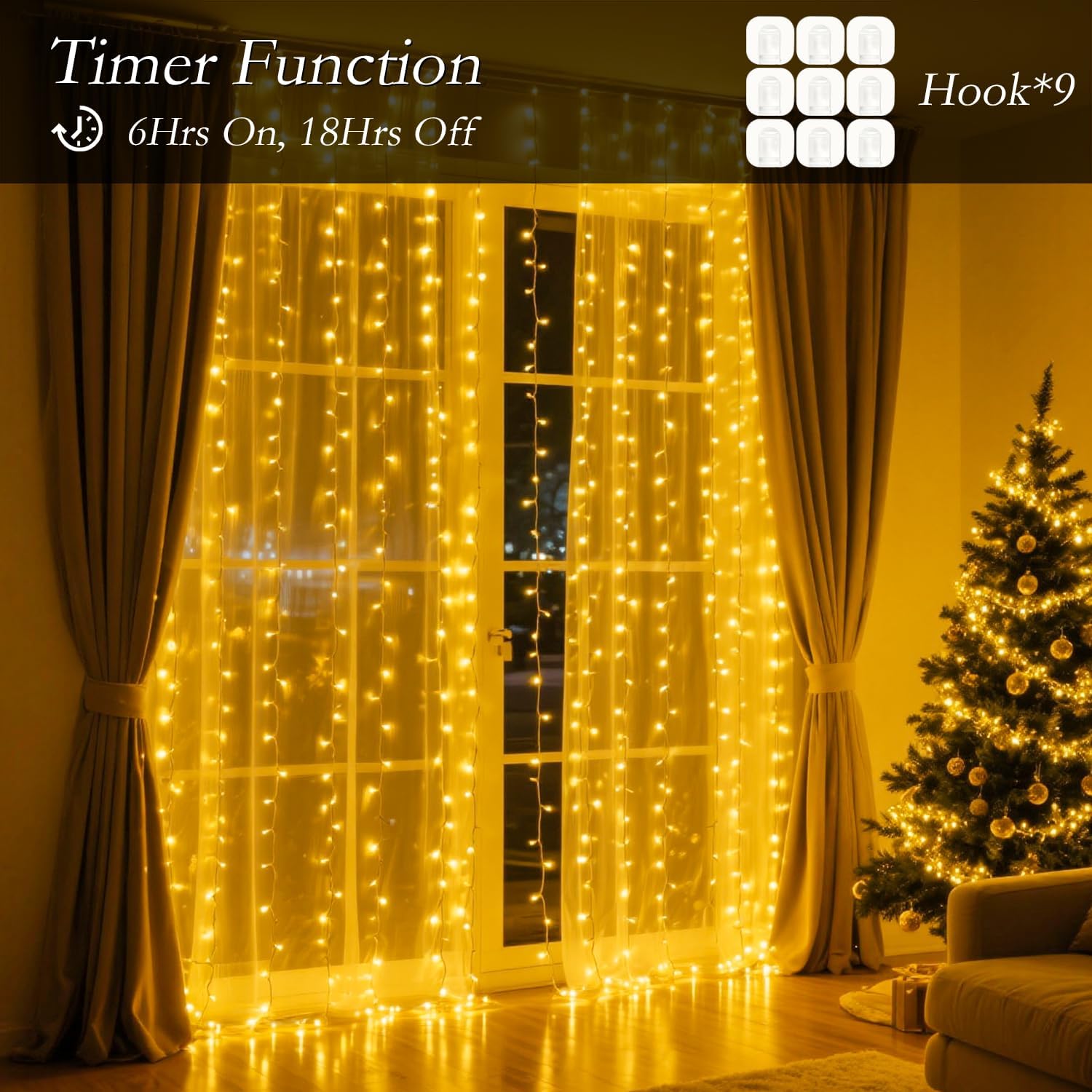 300 LED Warm White Curtain String Lights 9.8x9.8FT, Plug in Fairy Lights with 9 Hooks, Dimmable, Timer & 8 Modes, IP44 Waterproof, Bedroom Wall Wedding Backdrop Christmas Indoor Outdoor Decor - Image 8