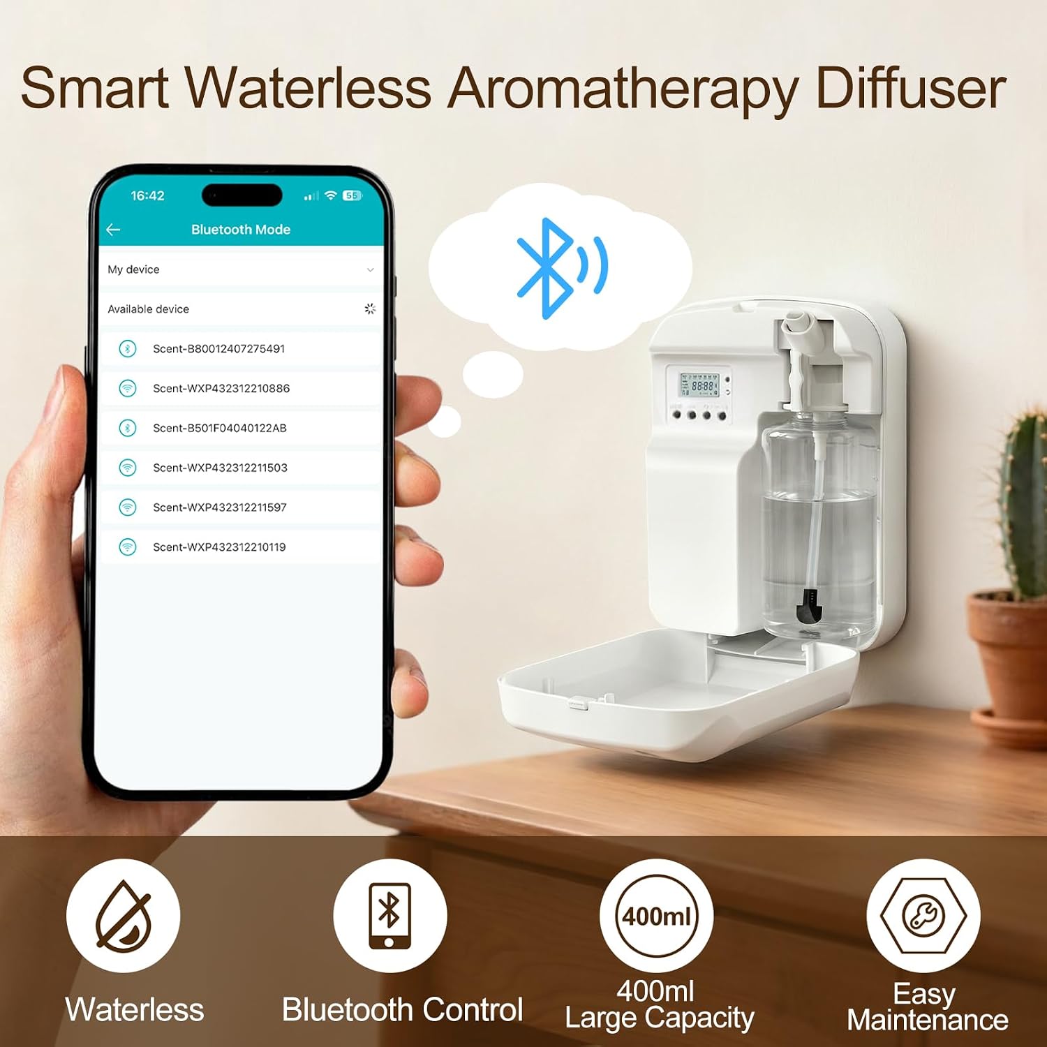 Waterless Essential Oil Diffuser, 2500 Sq.Ft Coverage, Bluetooth App Control, No-Noise Wall-Mounted Aroma Diffuser, 400ml, Perfect for Home, Hotel & Office, Valentines Day Gift, White - Image 2