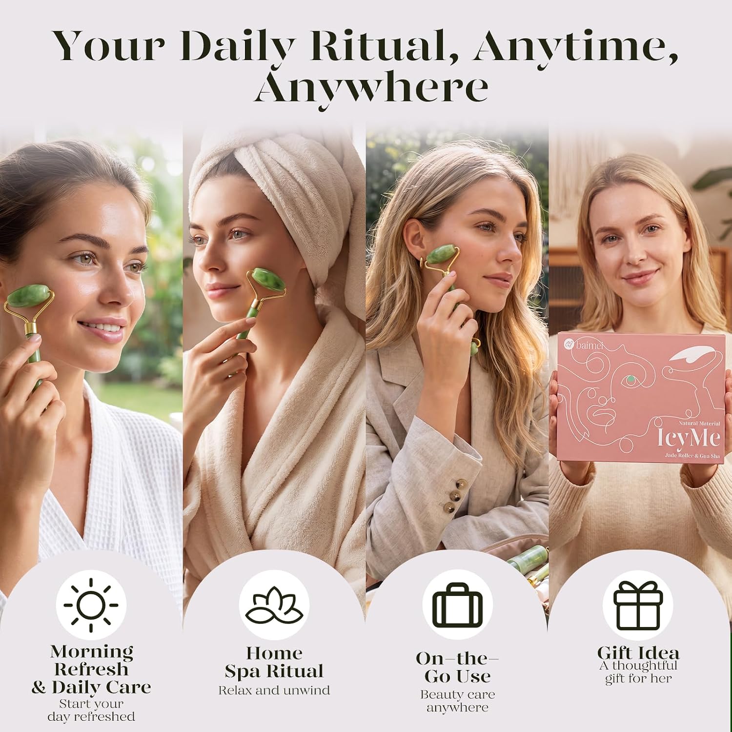 BAIMEI IcyMe Jade Face Roller & Gua Sha Set,Self Care Gifts for Women | Facial Beauty Skin Care Tools for Home Spa & Travel Use, Cooling and Smoothing, Reduce Puffiness & Jawline Definition - Green - Image 4