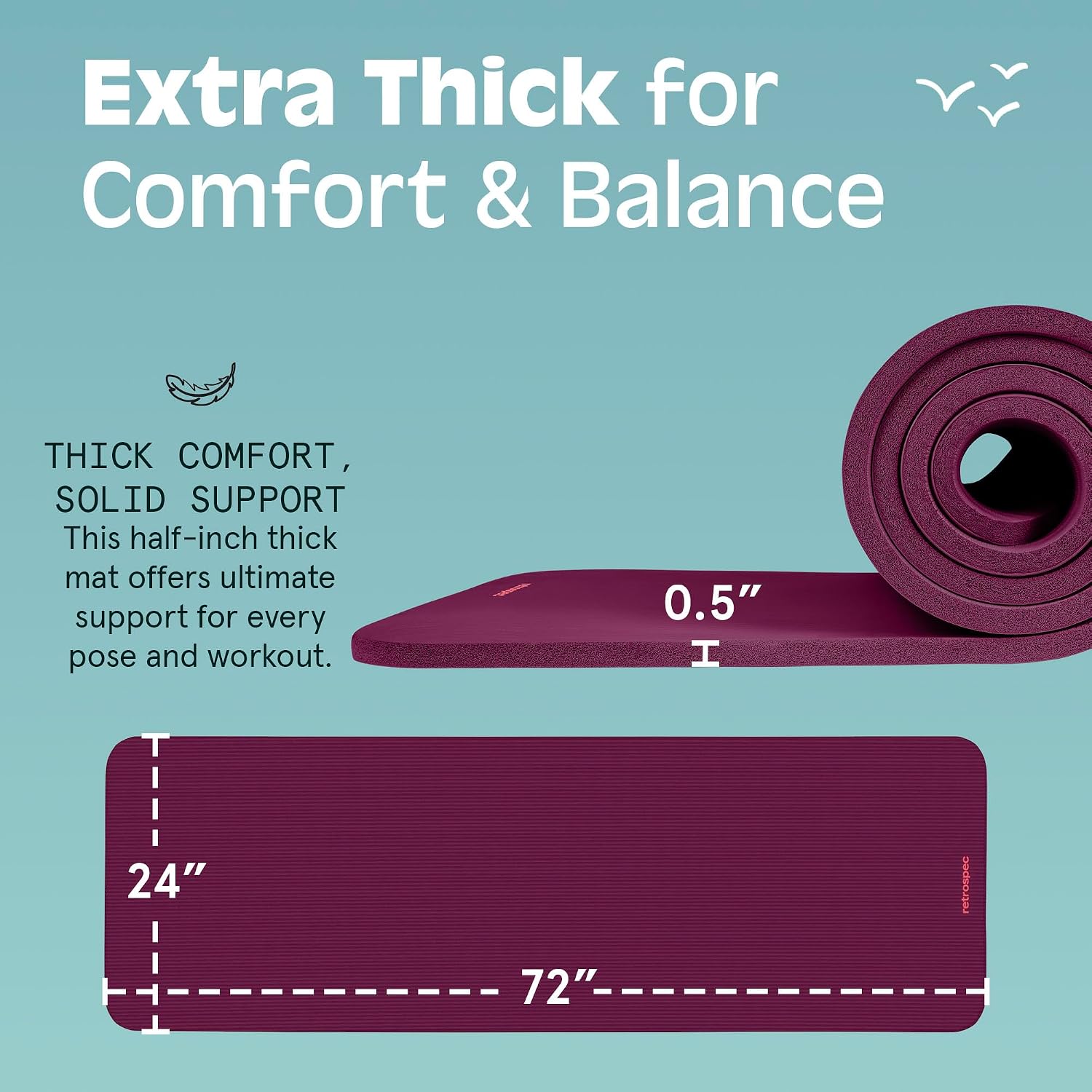 Retrospec Solana Yoga Mat Thick 1/2in Non-Slip Workout Mat with Nylon Strap - 72x24in Exercise Mat for Pilates, Stretching & Fitness - BPA Free, Easy Clean - Image 3