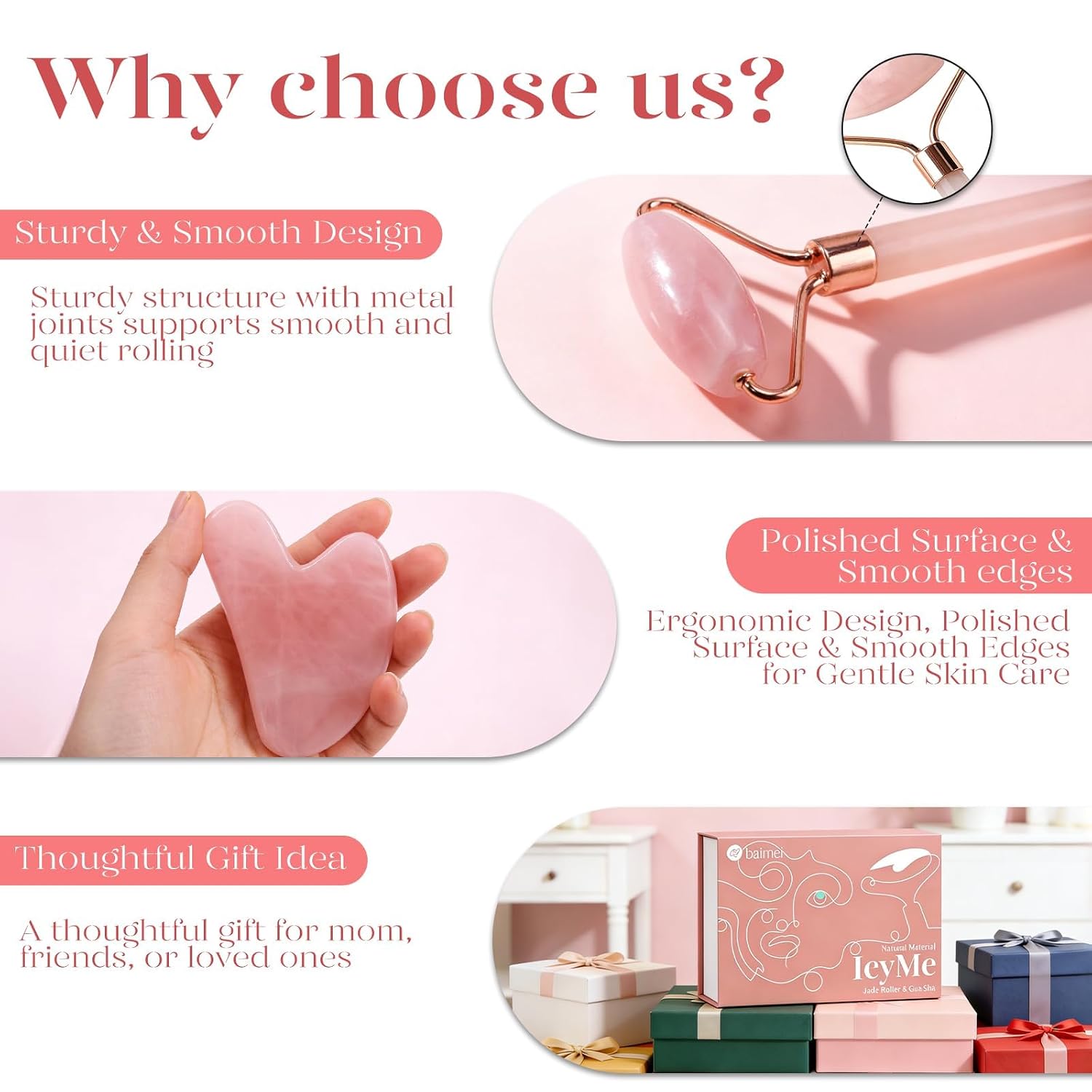 BAIMEI IcyMe Rose Quartz Roller & Gua Sha Facial Tool Set for Depuffing | Cooling Face Roller for Lymphatic Massage,Sculpting Tool for Face, Eyes & Neck, Skin Care Gifts for Women,Spa & Travel Use - Image 4