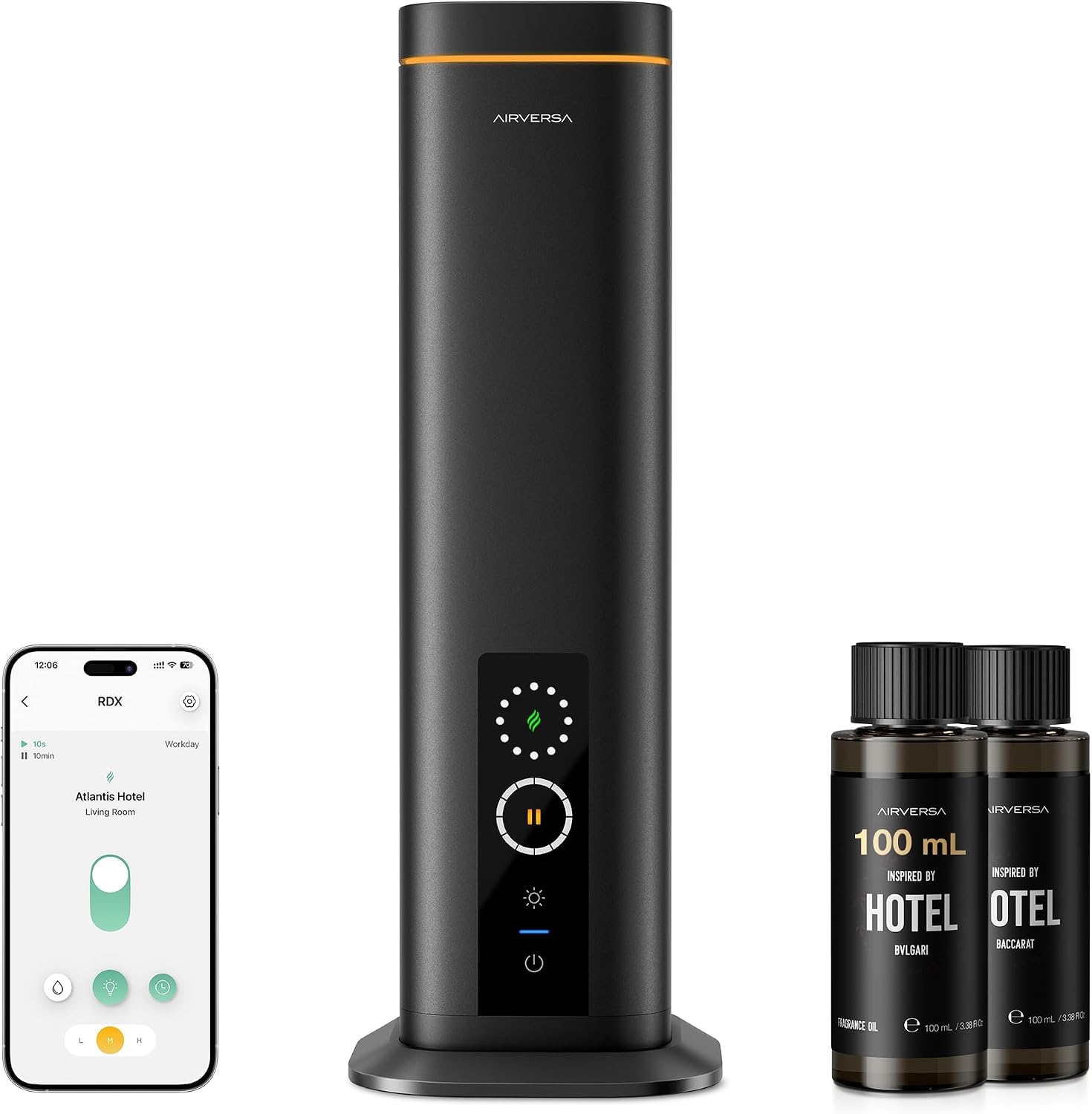 Airversa RDX Smart Waterless Diffuser Starter Kit for Room, Black | 2x100mL Hotel Scent Fragrance Oil, Up to 1500 sq ft, App Control, 300mL, DC-12V/1A Adapter, Scent Air Machine, RDXkit-2X100