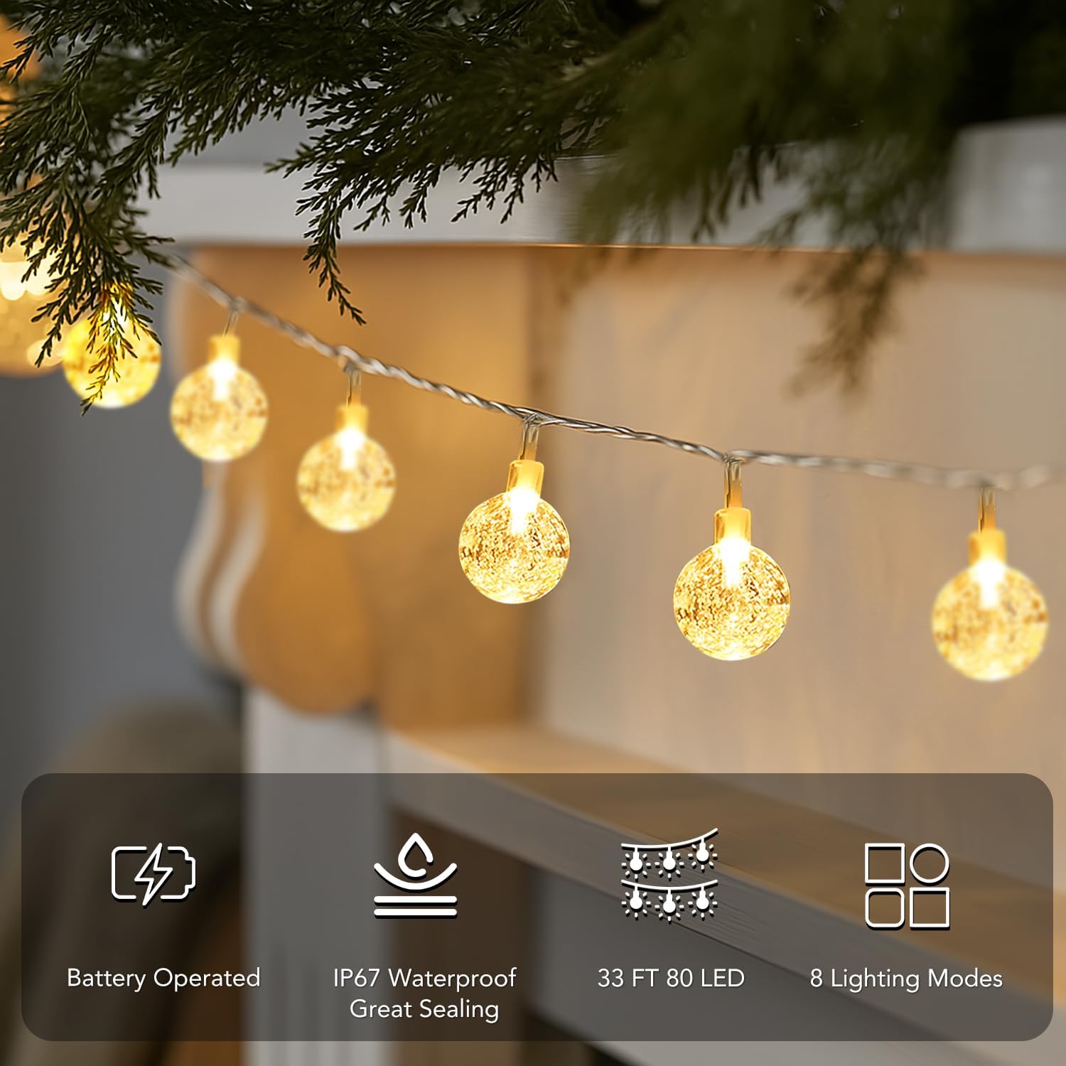 Metaku Globe String Lights Battery Operated Fairy Light 33ft 80LED & Remote | Waterproof Indoor Outdoor Hanging String Lights Decorative Christmas Lights for Home Party Patio Garden Classroom Wedding - Image 4