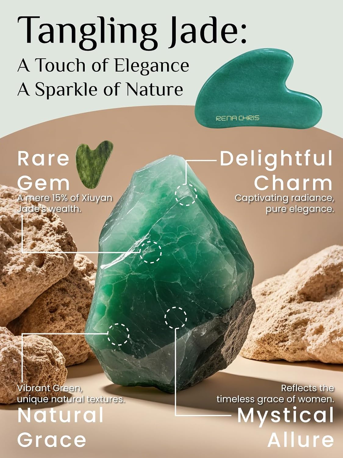 Rena Chris Gua Sha Facial Tools: Jade Stone Guasha Tool for Face Acupuncture Therapy, Facial Massager for Jawline Sculpting and Puffiness Reducing (Green) - Image 3