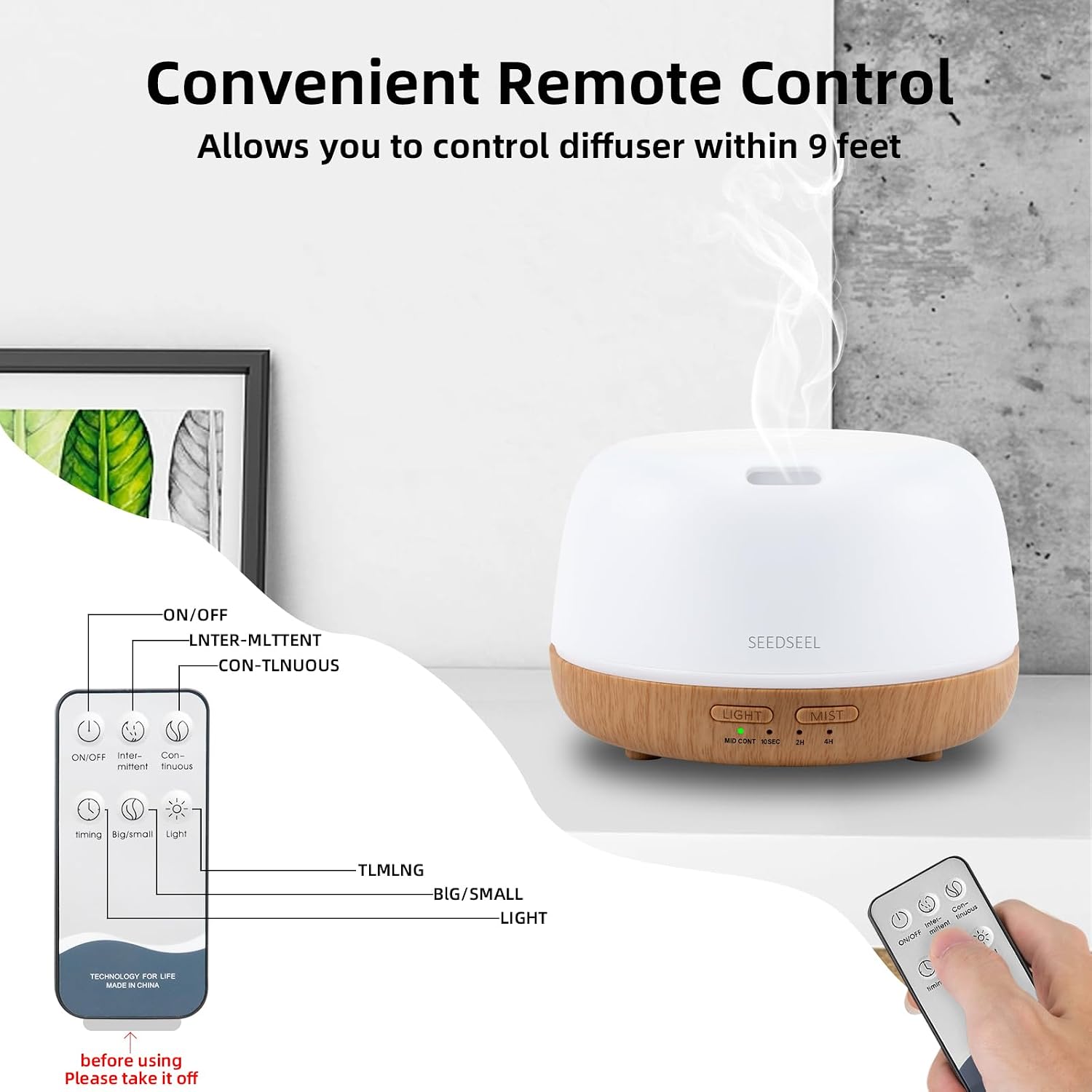 SEEDSEEL 300ML Essential Oil Diffuser with 7-Color LED Lights and Remote Control, Modern Minimalist Design, High-Efficiency Ultrasonic Mist Aromatherapy Diffuser for Home - Image 7