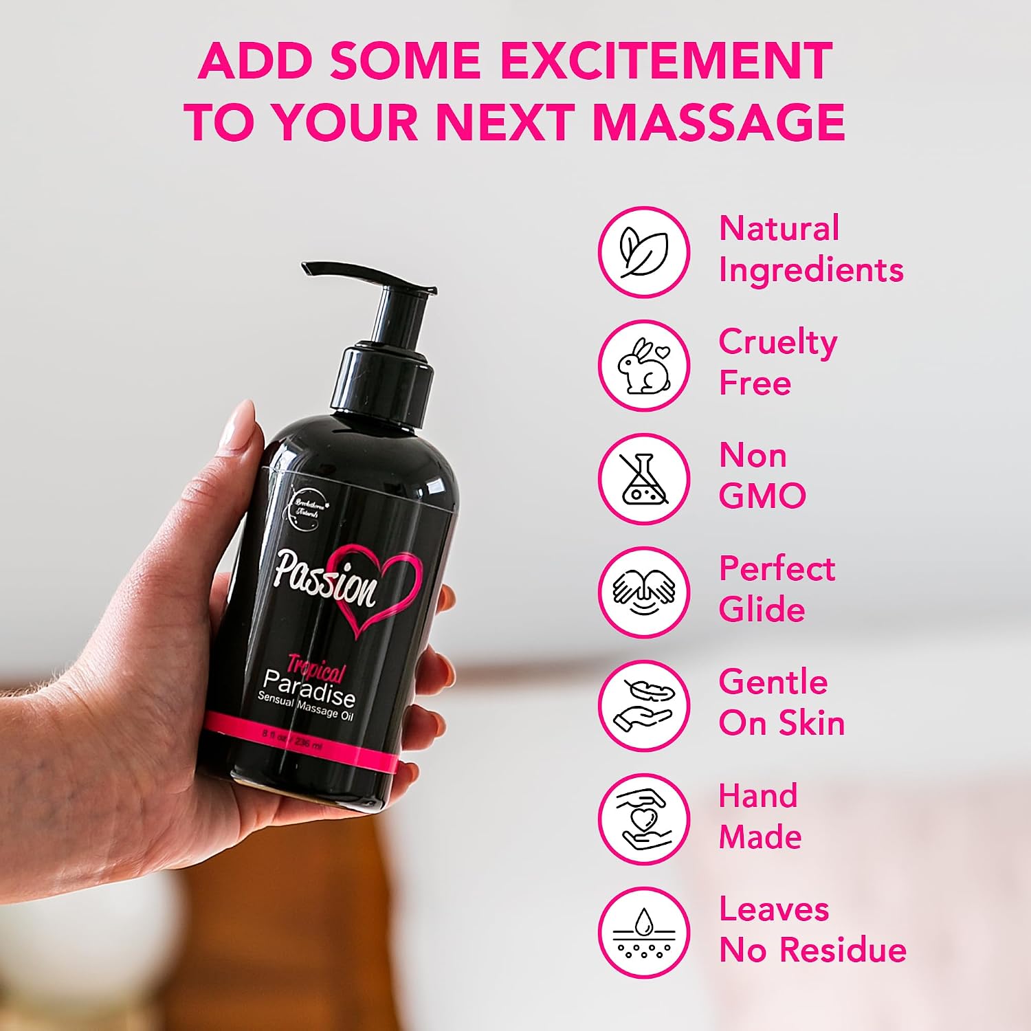 Passion Sensual Massage Oil for Date Night by Brookethorne Naturals | 8oz | 100% Natural Body Oil for Couples | Aromatherapy & Relaxing Massage | Tropical Scent | Jojoba & Almond for Smooth glide - Image 6