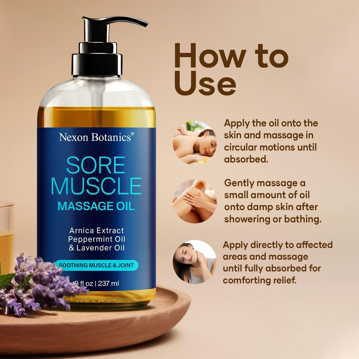 Sore Muscle Massage Oil for Massage Therapy & Gua Sha with Arnica 8 fl oz | Refreshing and Relaxing - Natural Oil Blend with Peppermint and Lavender Oil - Nexon Botanics - Image 4