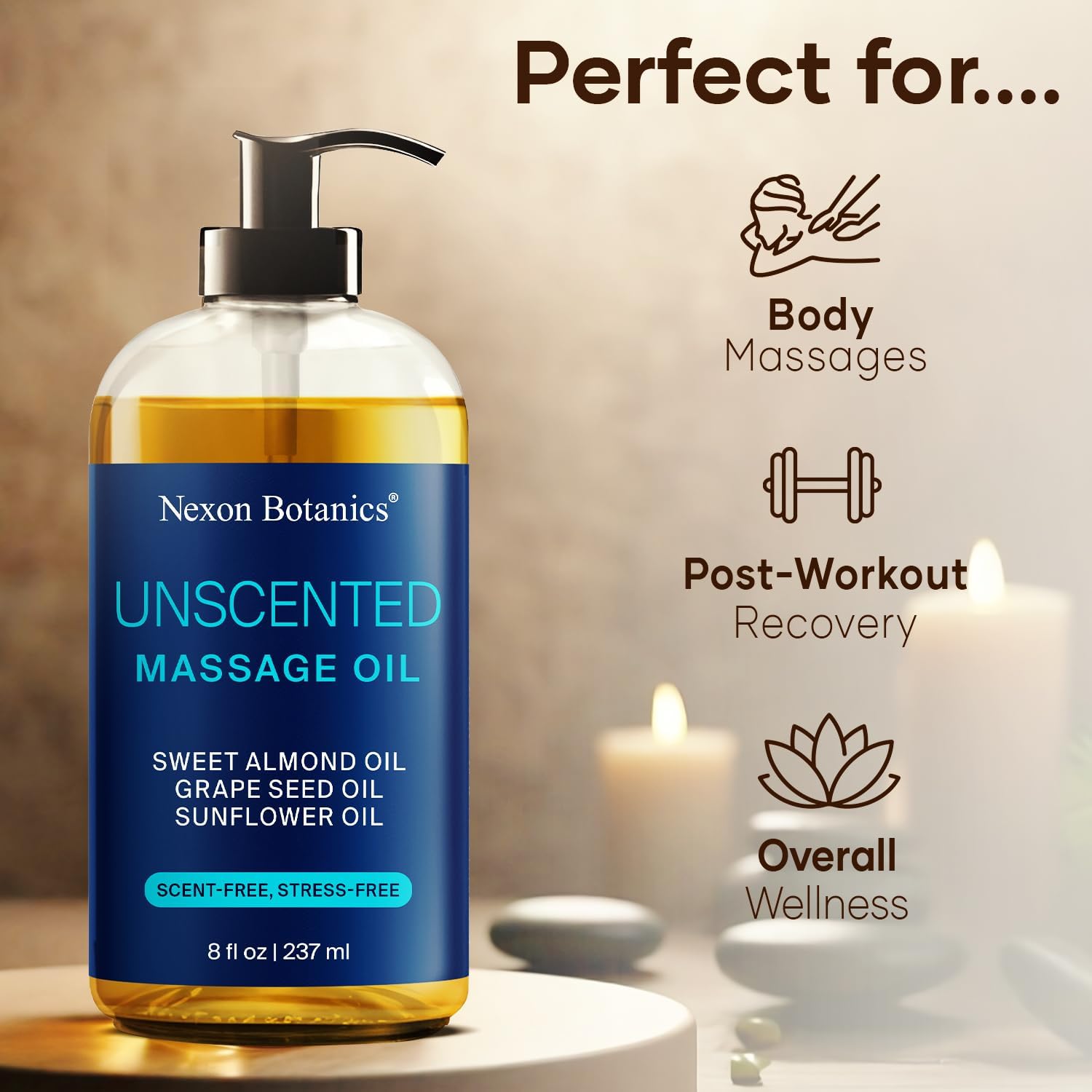 Unscented Massage Oil for Massage Therapy & Gua Sha 8 fl oz | Refreshing and Relaxing -Natural Oil Blend with Sweet Almond, Grape Seed and Sunflower Oil - Nexon Botanics - Image 5