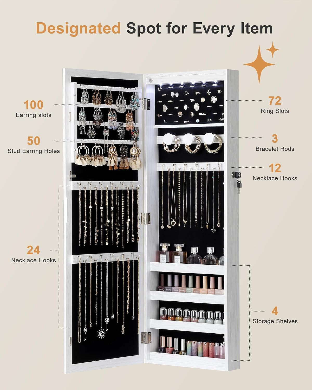 6 LEDs Jewelry Armoire, Hanging Mirror Jewelry Cabinet, White | Over the Door Jewelry Organizer, Lockable Mirror with Jewelry Storage, Auto-on Light, Gift Idea, Easy Assembly - Image 3