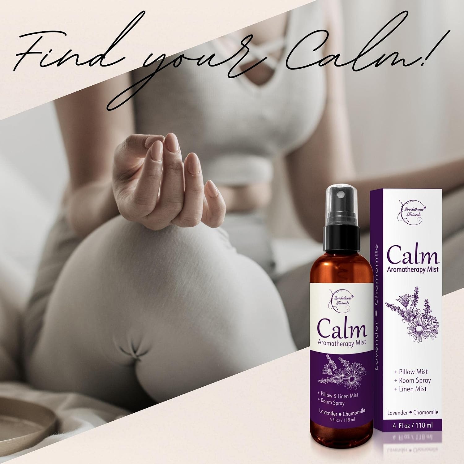 Brookethorne Naturals Calm Aromatherapy Mist | Lavender Pillow Spray 4oz | Lavender & Chamomile Essential Oil room, linen & bed spray | Calming scent for Relaxation & Sleep | Paraben-free, made in USA - Image 3