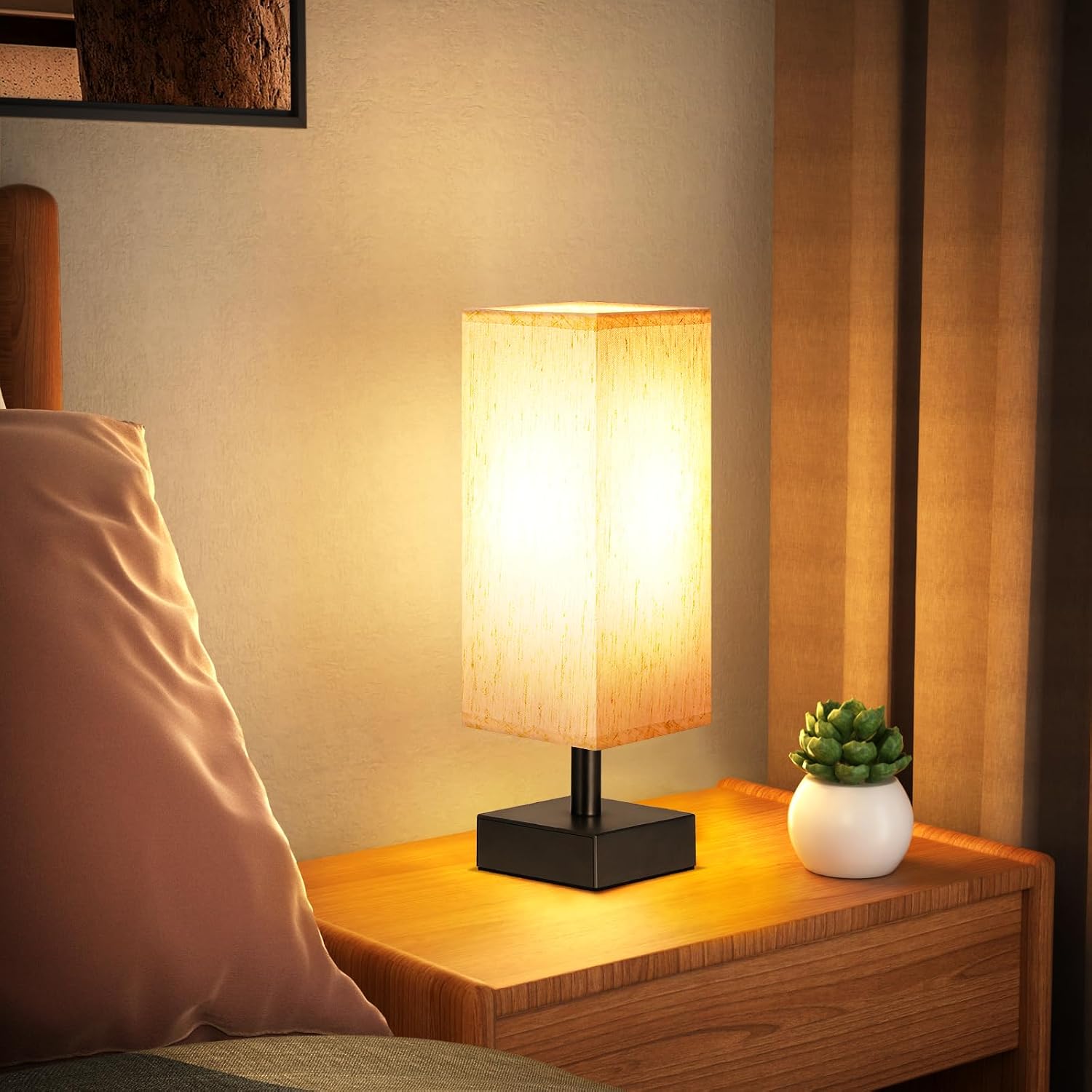 aooshine Small Bedside Table Lamp for Bedroom - Square Cream Fabric Shade | Inline Rocker Switch, Corded Electric, Bulb Not Included, 12.8" Mini Table Lamp for Nightstand, Desk, Dorm, Office - Image 4