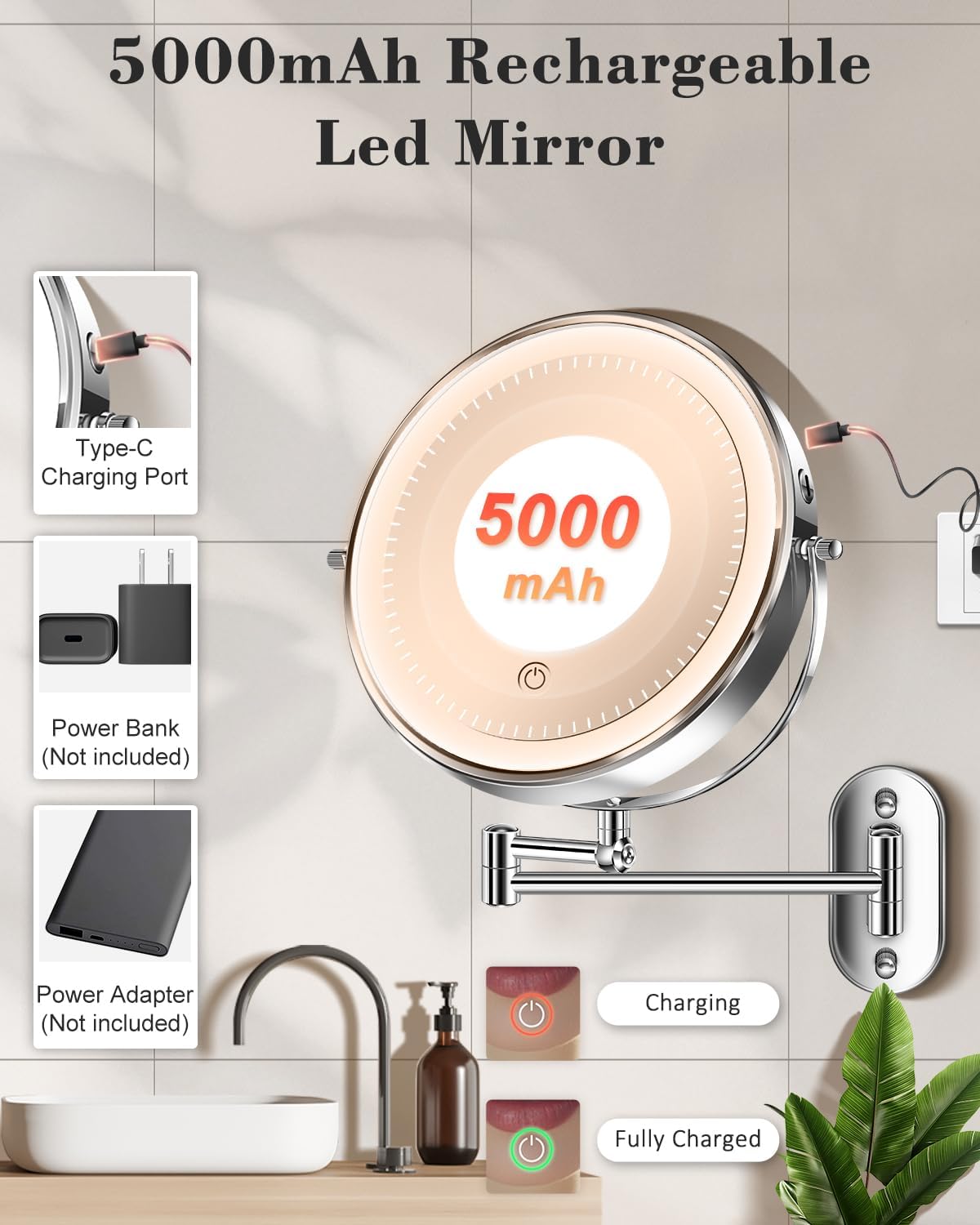 9'' 30X/1X Wall Mounted Height Adjustable Lighted Magnifying Makeup Mirror | 5000mAh Rechargeable Bathroom Mirror with 3 Color Modes Light, Extended Arm Space Saving for Apartment, Hotel, Rental House - Image 5