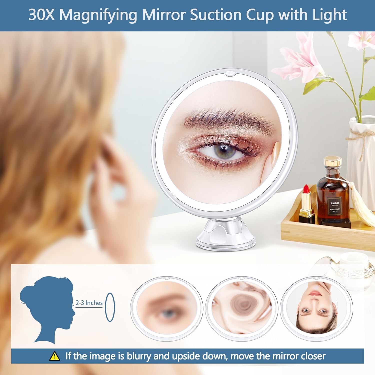 Magnifying Mirror with Light 30X, Lighted Makeup Mirror 30X for Precision Makeup, 3 Color Modes and Adjustable Brightness, 360° Swivel Magnifying Mirrors Suction Cup for Bathroom 8 Inches - Image 7