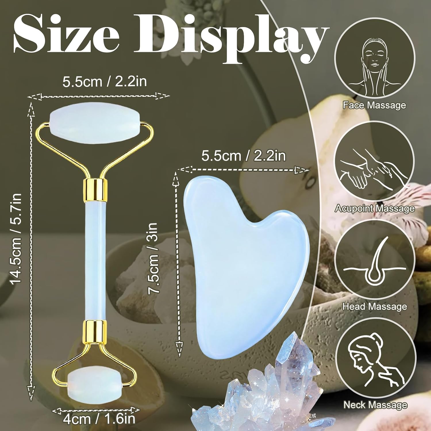 Jade roller and gua sha, facial roller, women's skincare tool, self-care gift, face, eye, neck massager, relieves fine lines and wrinkles, aventurine, opal, rose quartz - Image 4