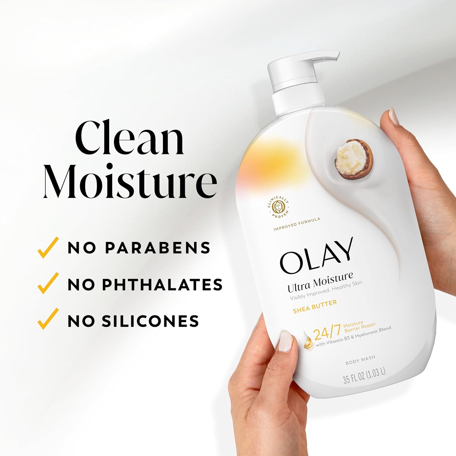 Olay Body Wash for Women, Ultra Moisture, 24/7 Moisture Barrier Repair, Hydrating Formula for Visibly Healthy Soft Skin, Vitamin B3 & Hyaluronic Blend, For All Skin Types, Shea Butter Scent, 35 fl oz - Image 7
