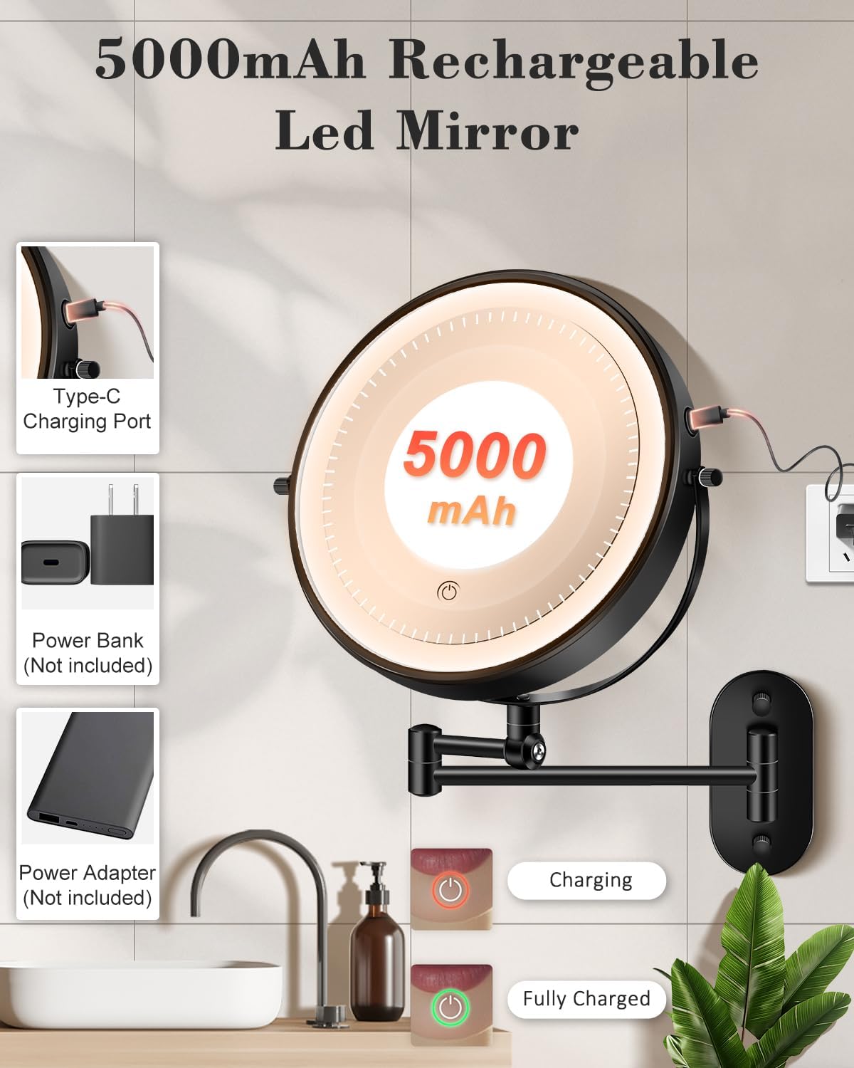 9'' 30X/1X Wall Mounted Height Adjustable Lighted Magnifying Makeup Mirror | 5000mAh Rechargeable Bathroom Mirror with 3 Color Modes Light, Extended Arm Space Saving for Apartment, Hotel, Rental House - Image 6