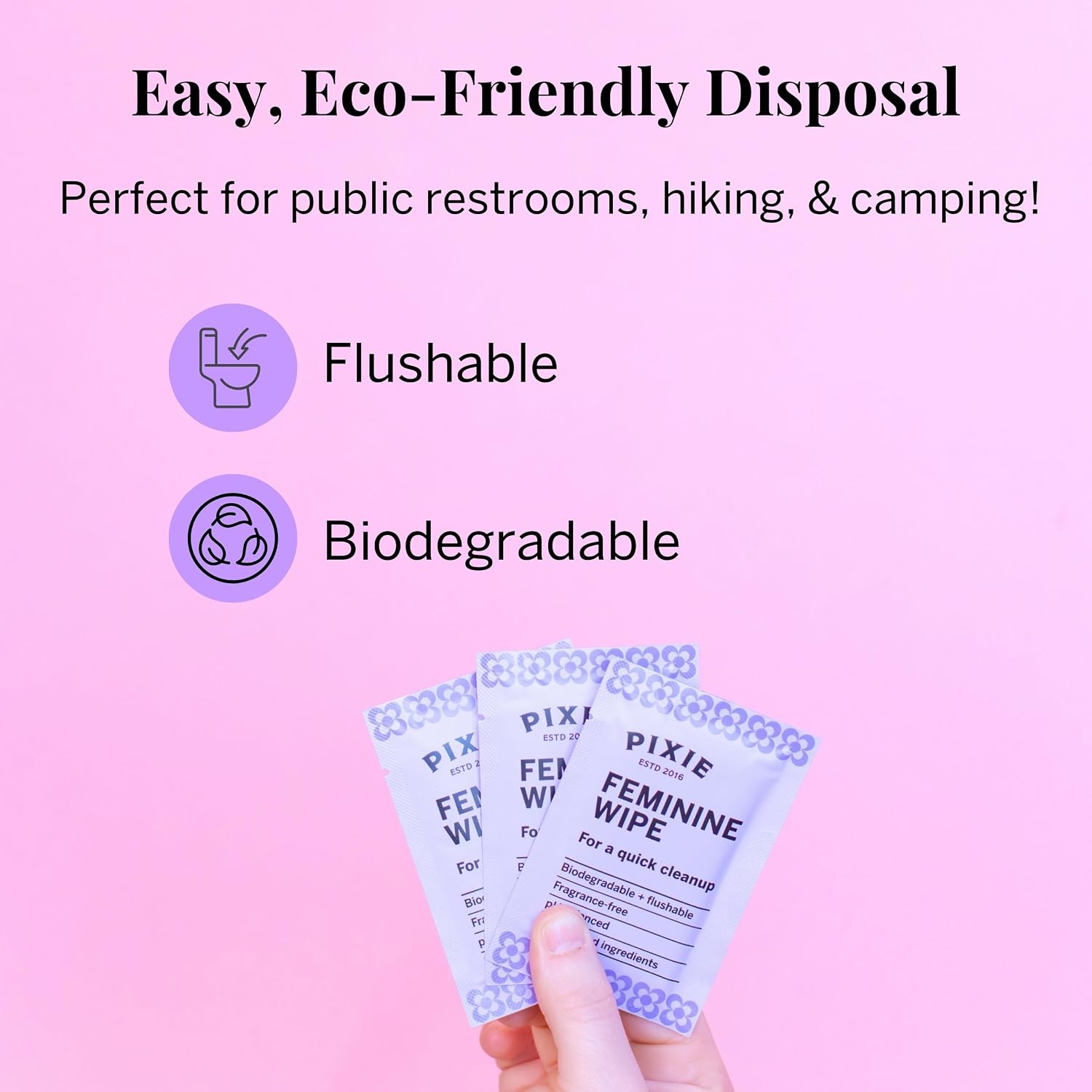 Pixie Feminine Wipes - Flushable, Biodegradable, & Ph Balanced - Individually Wrapped Packet Wipes for On The Go & Public Bathrooms - Wash & Cleaner For Your Menstrual Cups & Discs (2 Packs of 20) - Image 6