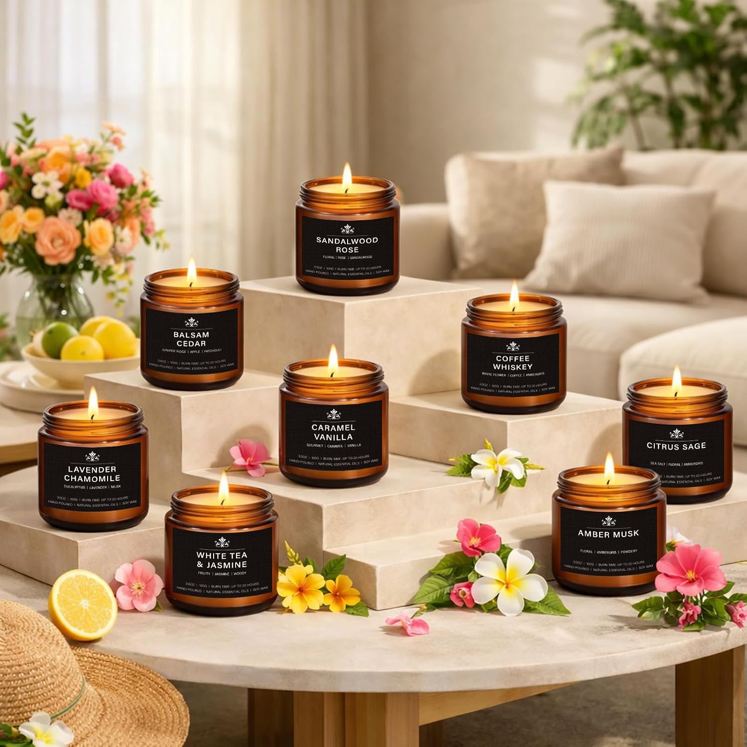 8 Pack Soy Wax Scented Candles Gift Set, Aromatherapy Candles with Lavender Chamomile, Citrus Sage, Caramel Vanilla, Coffee Whiskey, Long Lasting Stress Relief Candle, Unisex Home & Gift Set for Men - Image 2