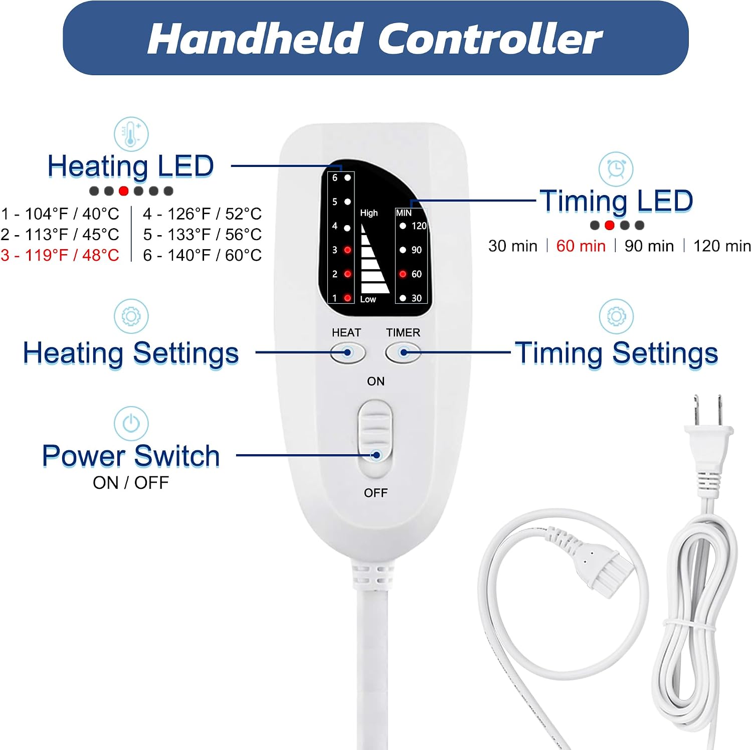 Electric Heating pad with 6 Heat Settings, Auto Shut Off, Dry Electric Heating for Back Neck Knee Arms Legs Shoulder Heat Pads for Christmas Birthday Father's Day Mother's Day (24"X12", Dark Blue) - Image 5