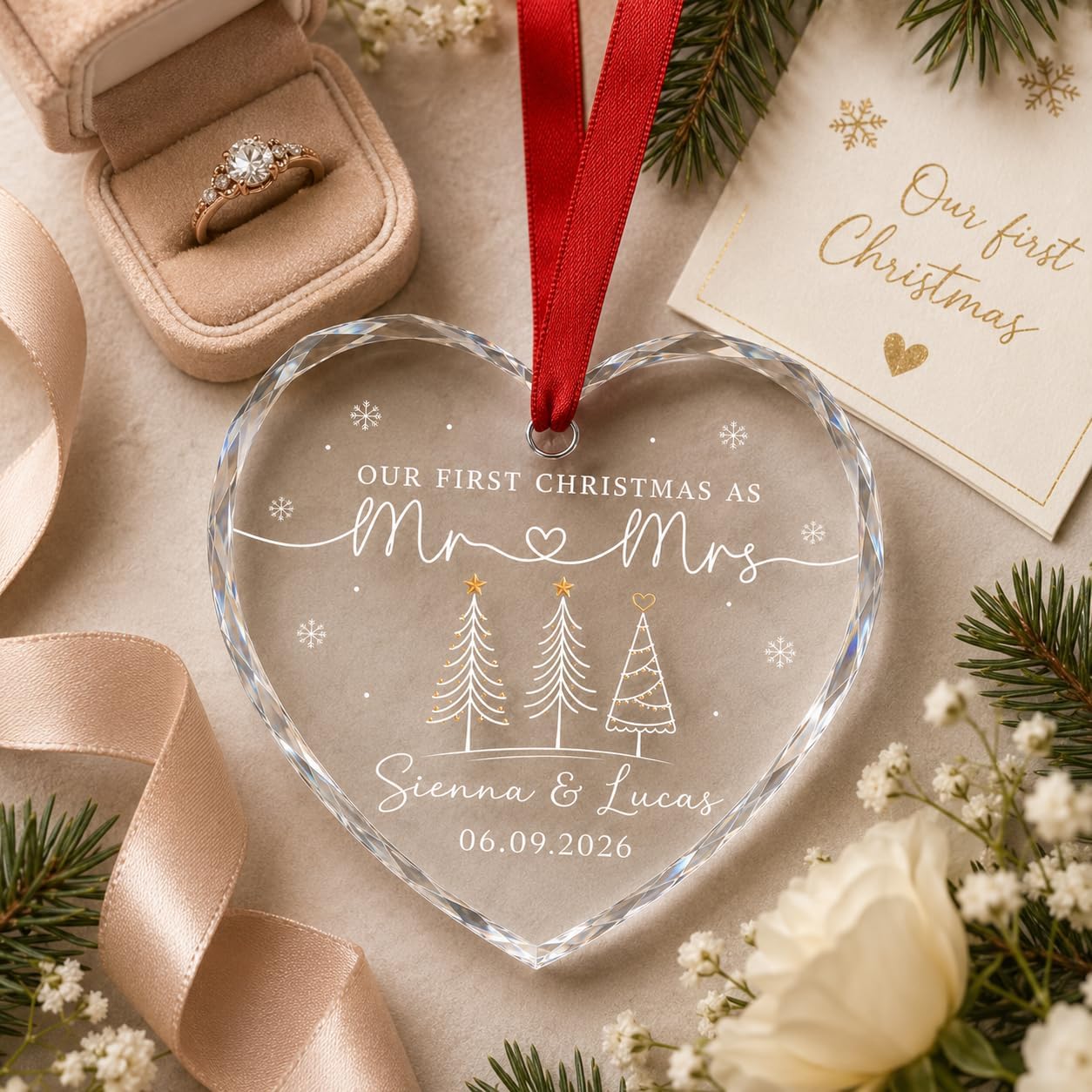 Mr Mrs Ornament - Christmas Wedding Gift for Newlywed Couple - Merry & Married Glass Ornament - Our 1st Christmas Mr Mrs Gifts for Bride, Groom, Husband, Wife - Image 5